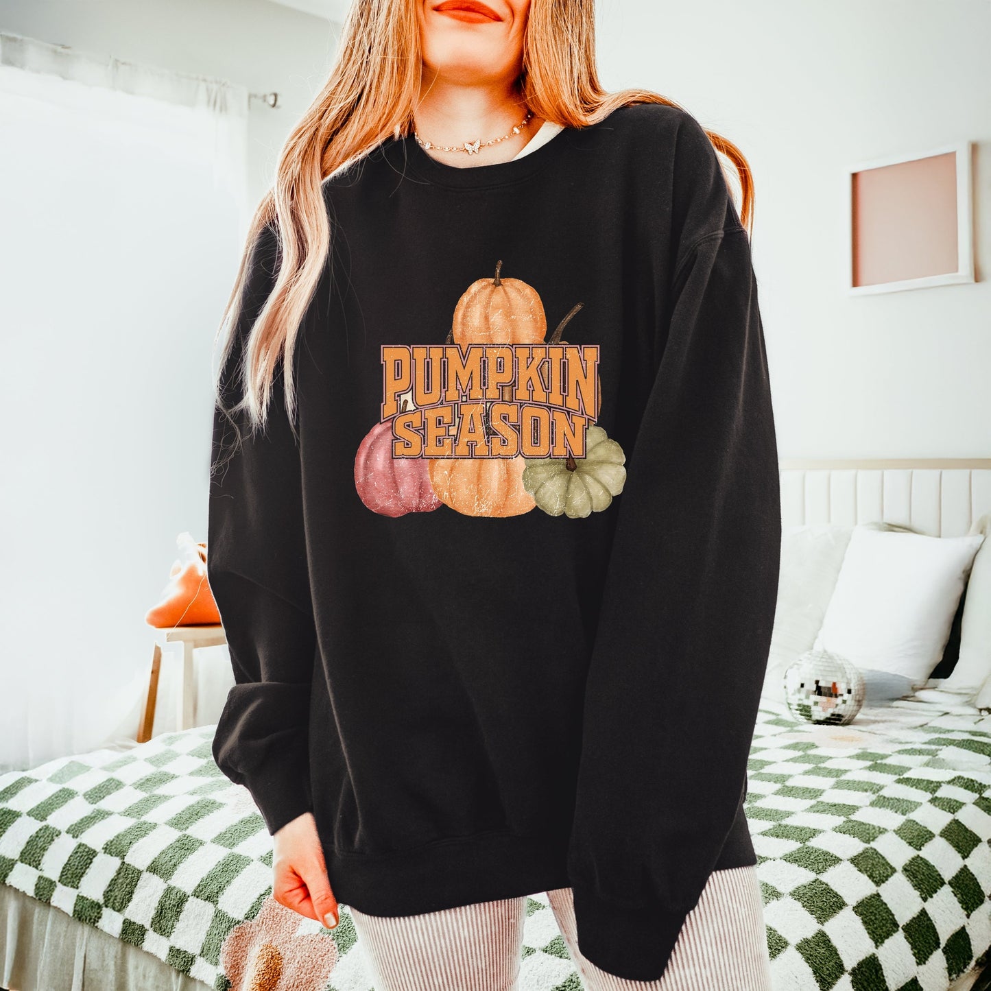 Pumpkin Season Stacked Distressed - Women's Lightweight Garment Dyed Sweatshirt