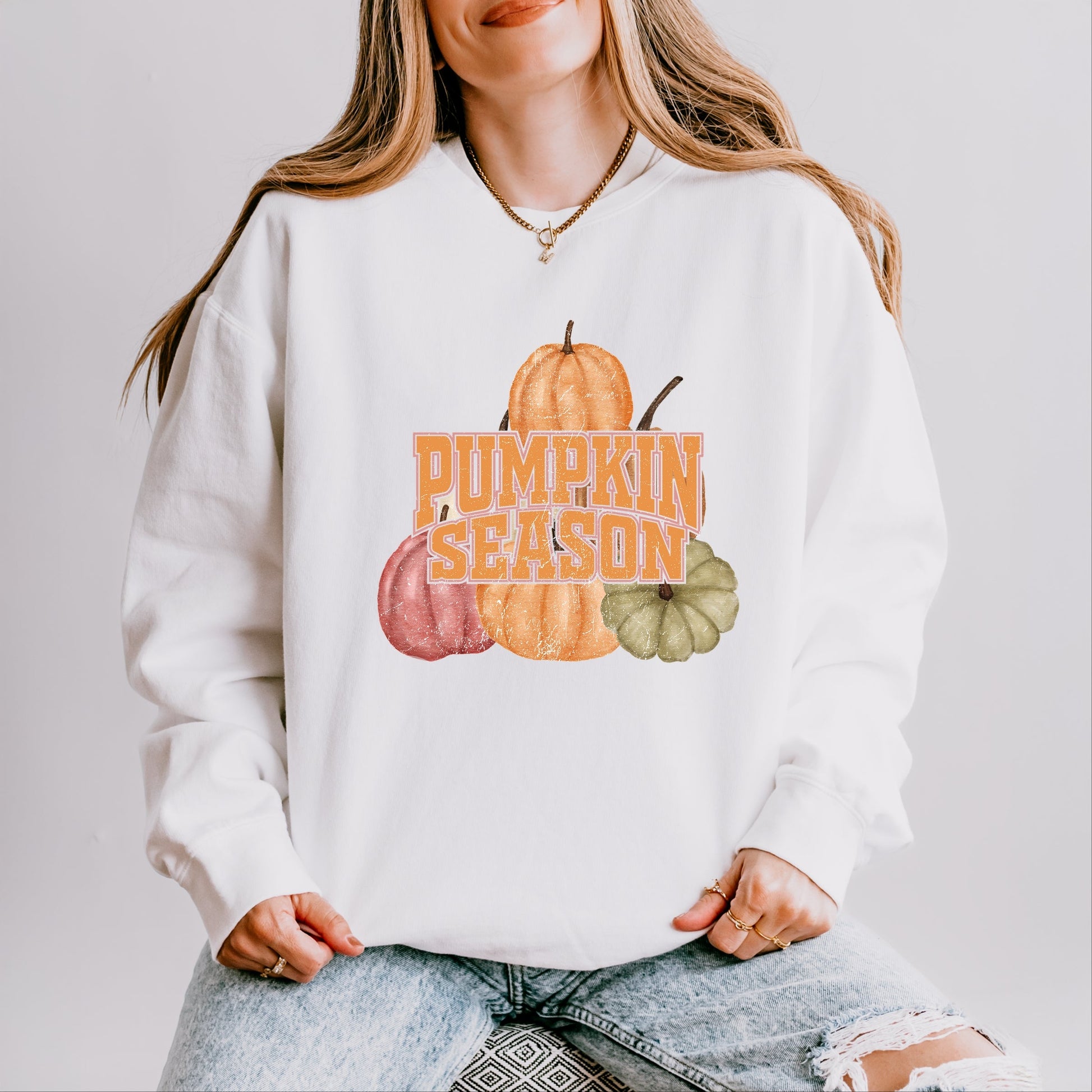 Pumpkin Season Stacked Distressed - Women's Lightweight Garment Dyed Sweatshirt