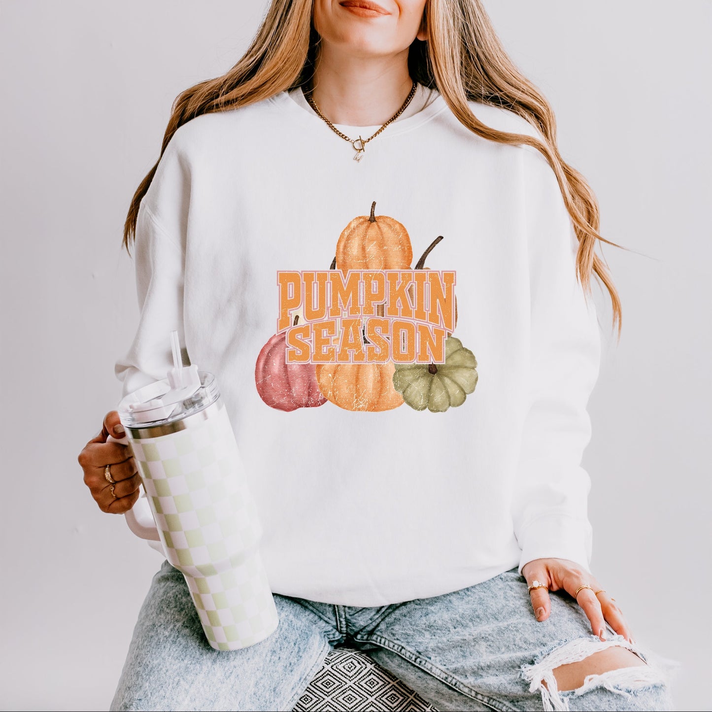 Pumpkin Season Stacked Distressed - Women's Lightweight Garment Dyed Sweatshirt
