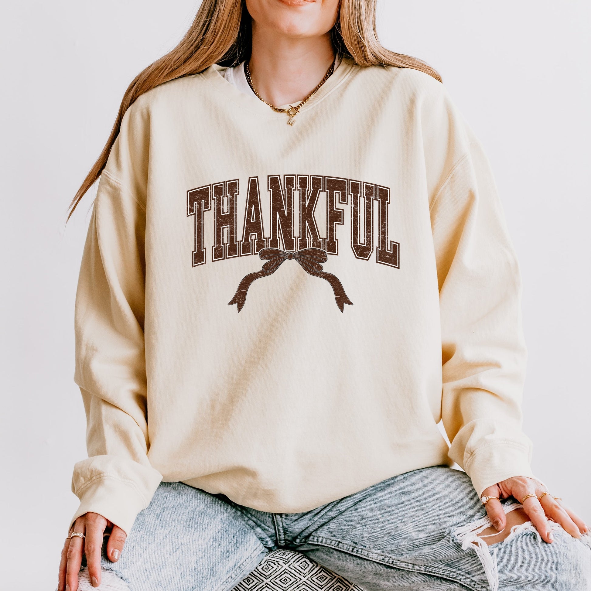 Varsity Thankful Coquette - Womens Lightweight Garment Dyed Sweatshirt