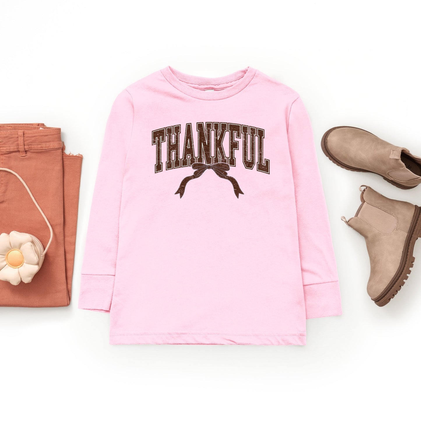 Varsity Thankful Coquette - Toddler Long Sleeve Graphic Tee and Youth Long Sleeve Graphic T-Shirt
