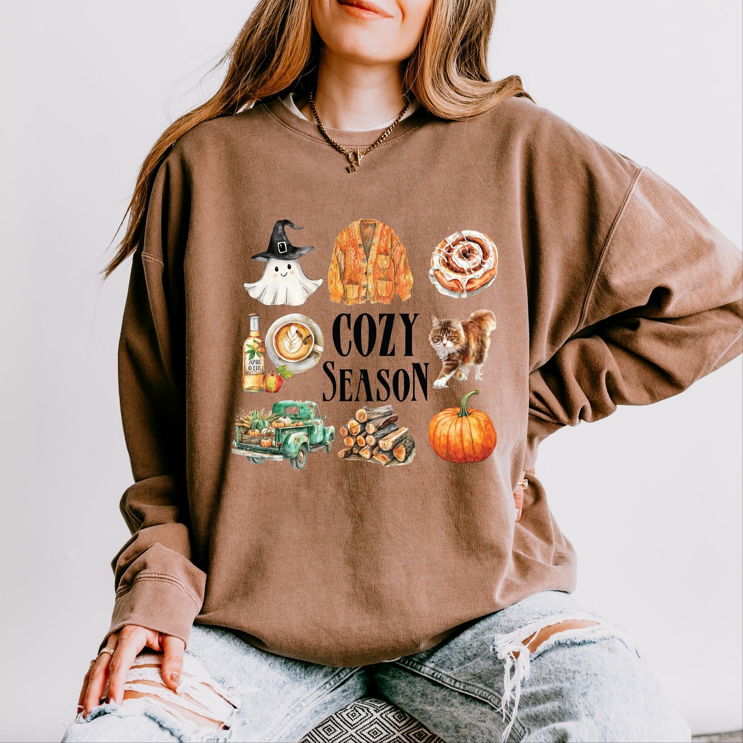 Cozy Season Watercolor Icons - Women's Lightweight Garment Dyed Sweatshirt
