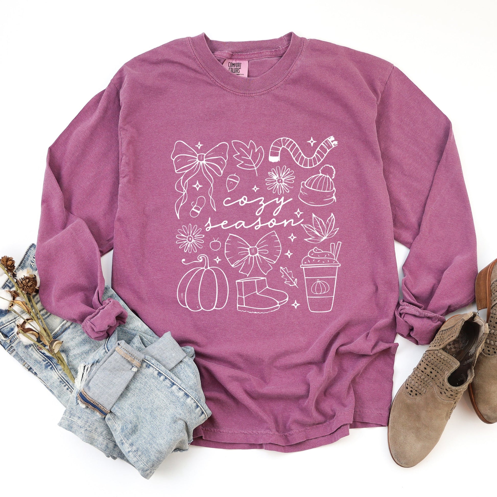 Cozy Season Coquette Icons - Womens Garment Dyed Long Sleeve
