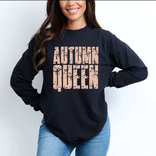 Autumn Queen Block Distressed - Women's Garment Dyed Long Sleeve Graphic T-Shirt