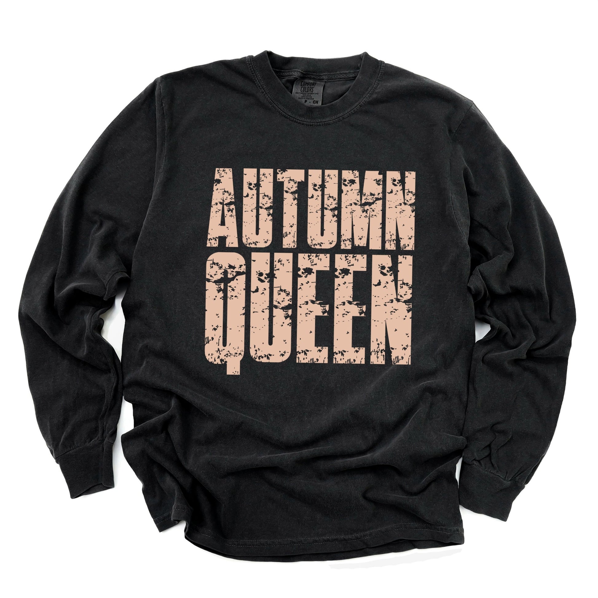 Autumn Queen Block Distressed - Women's Garment Dyed Long Sleeve Graphic T-Shirt