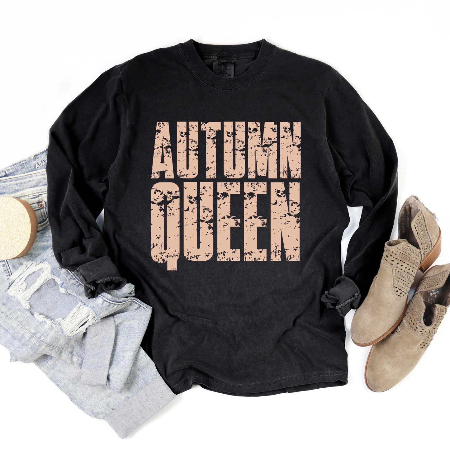 Autumn Queen Block Distressed - Women's Garment Dyed Long Sleeve Graphic T-Shirt