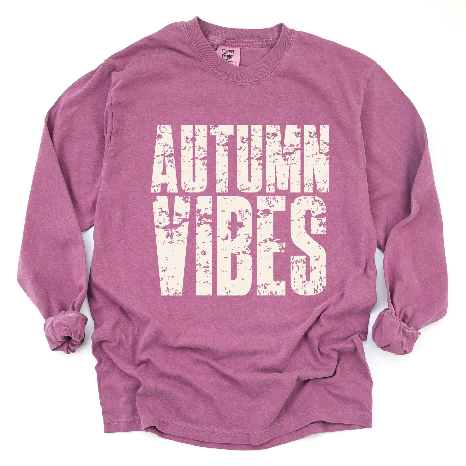Autumn Vibes Block Distressed - Women's Garment Dyed Long Sleeve Graphic T-Shirt