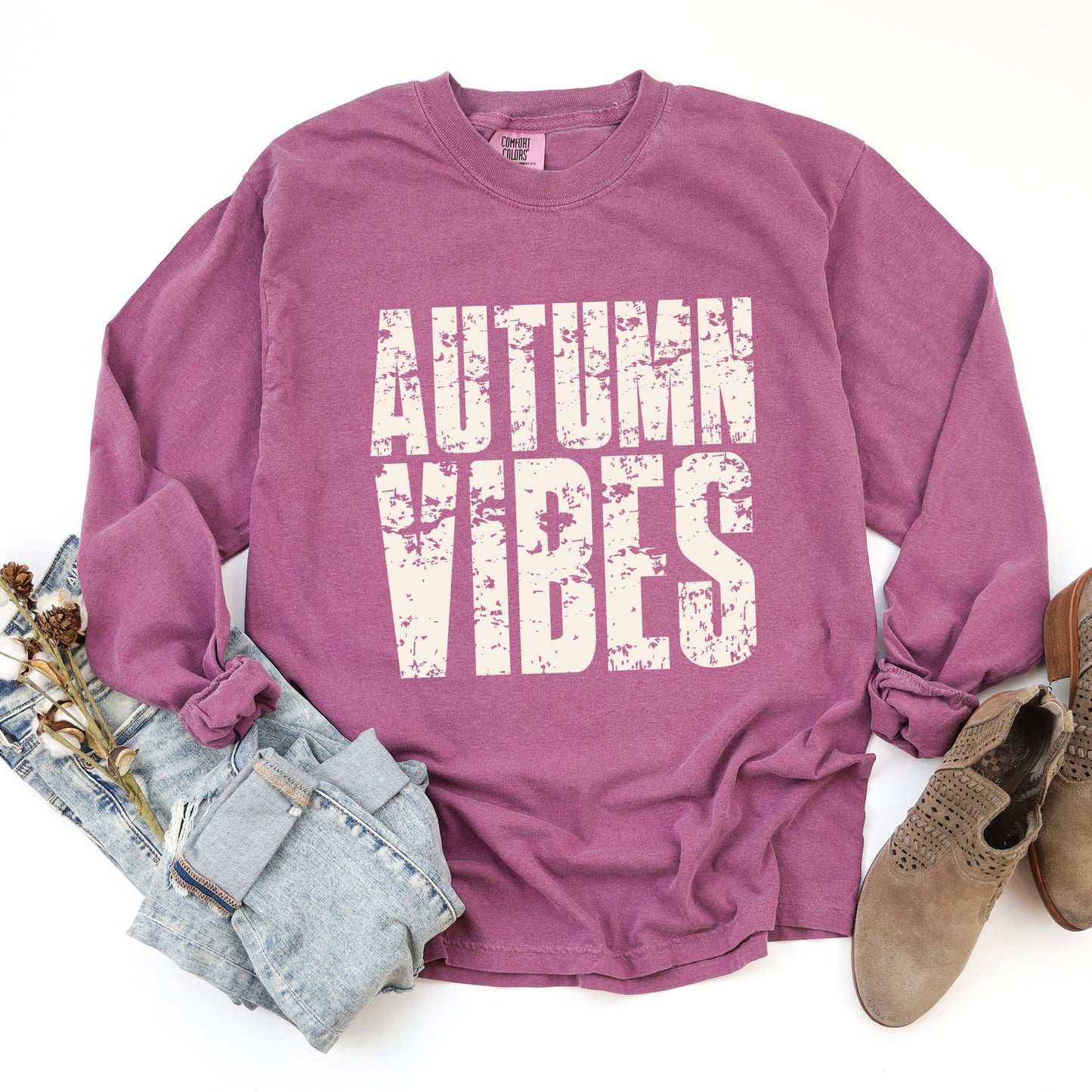 Autumn Vibes Block Distressed - Women's Garment Dyed Long Sleeve Graphic T-Shirt