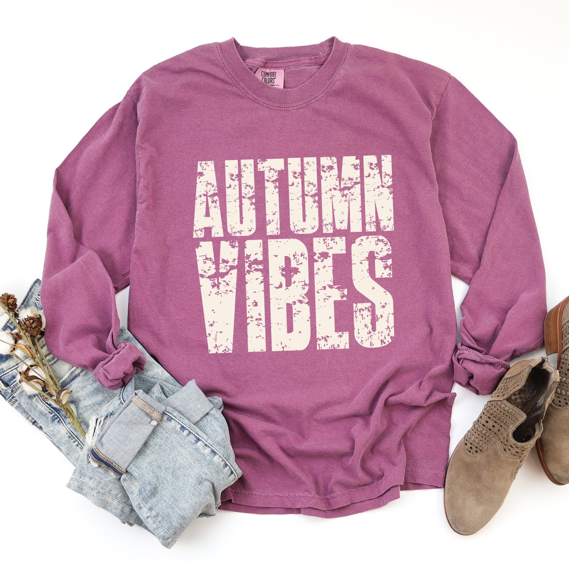 Autumn Vibes Block Distressed - Women's Garment Dyed Long Sleeve Graphic T-Shirt