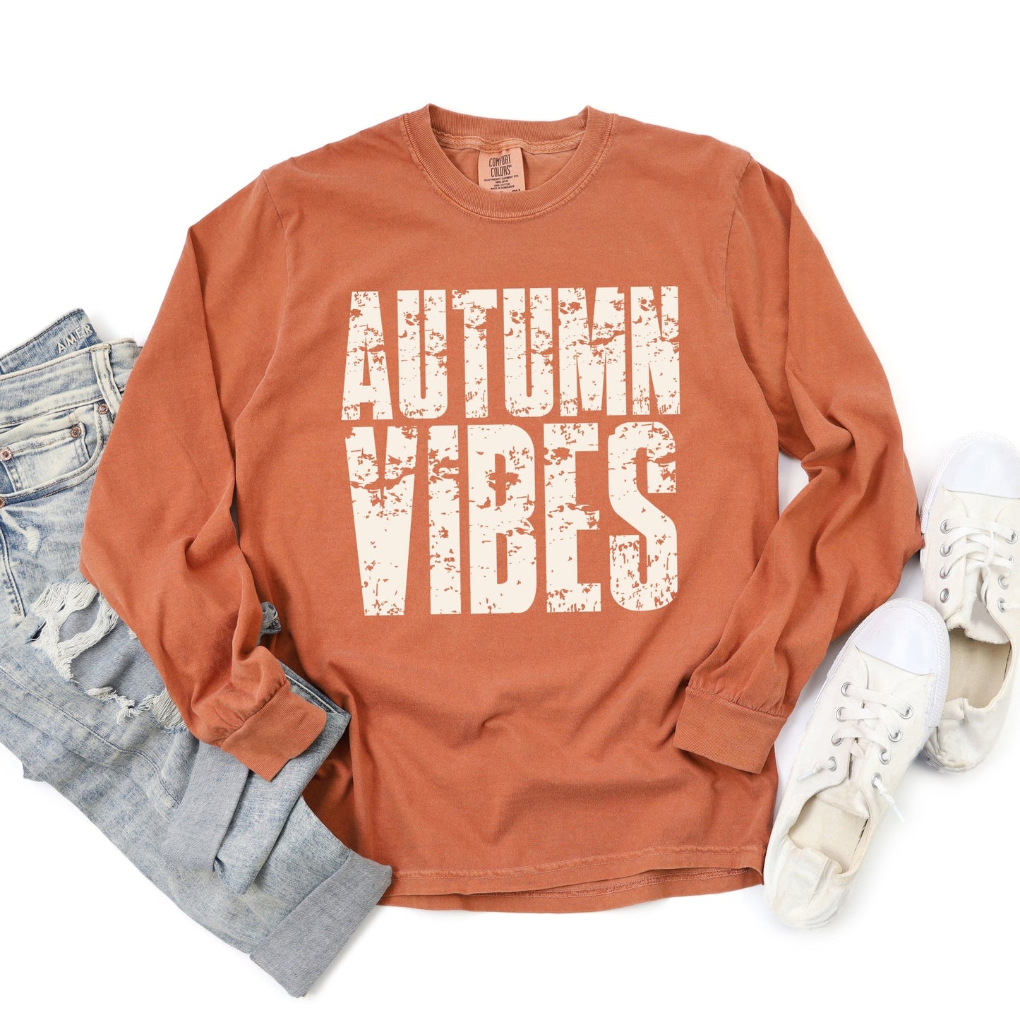 Autumn Vibes Block Distressed - Women's Garment Dyed Long Sleeve Graphic T-Shirt