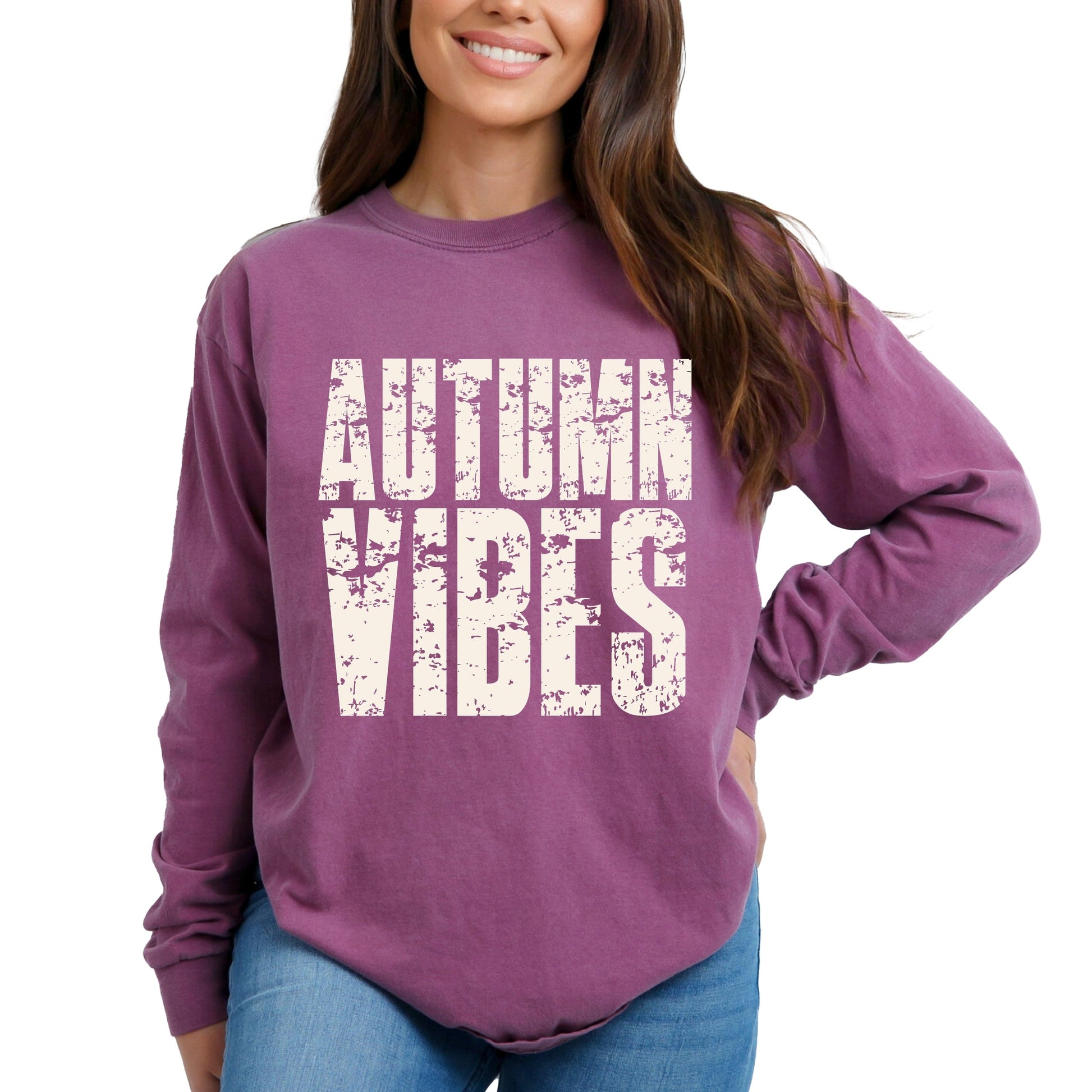 Autumn Vibes Block Distressed - Women's Garment Dyed Long Sleeve Graphic T-Shirt
