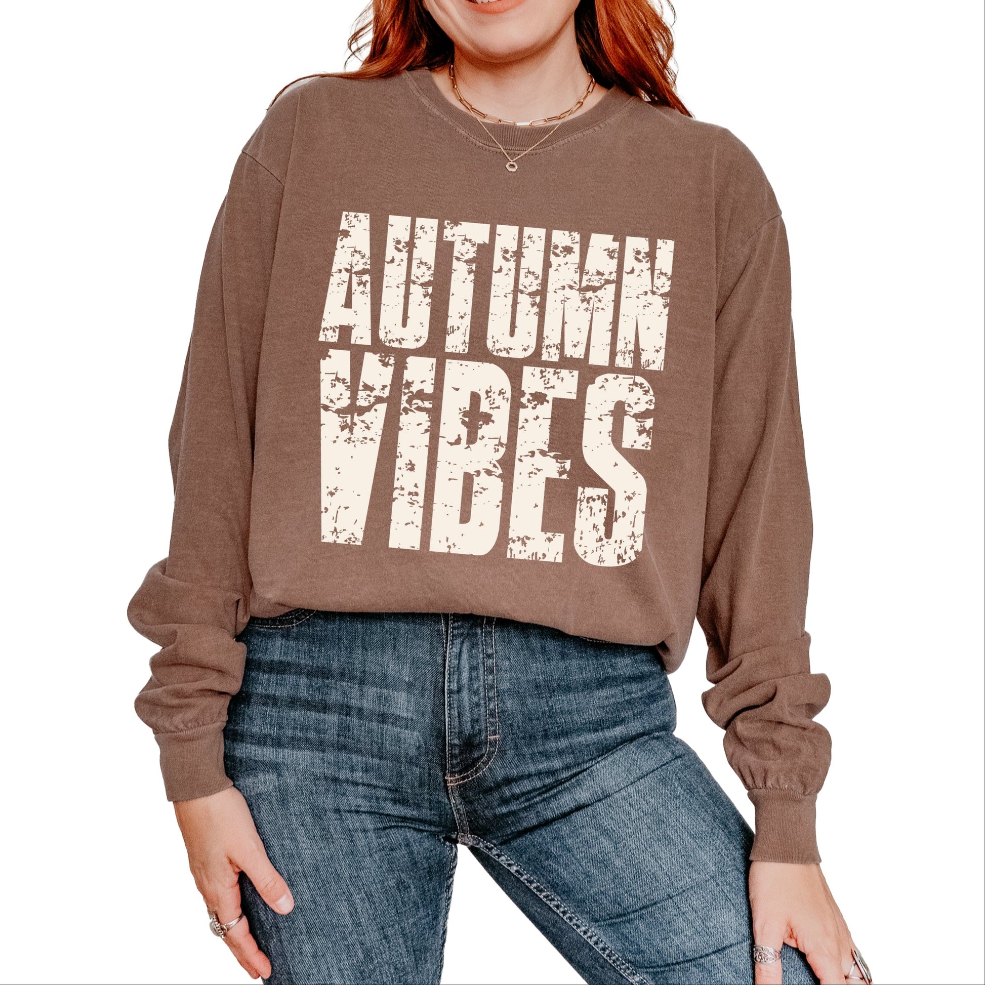 Autumn Vibes Block Distressed - Women's Garment Dyed Long Sleeve Graphic T-Shirt