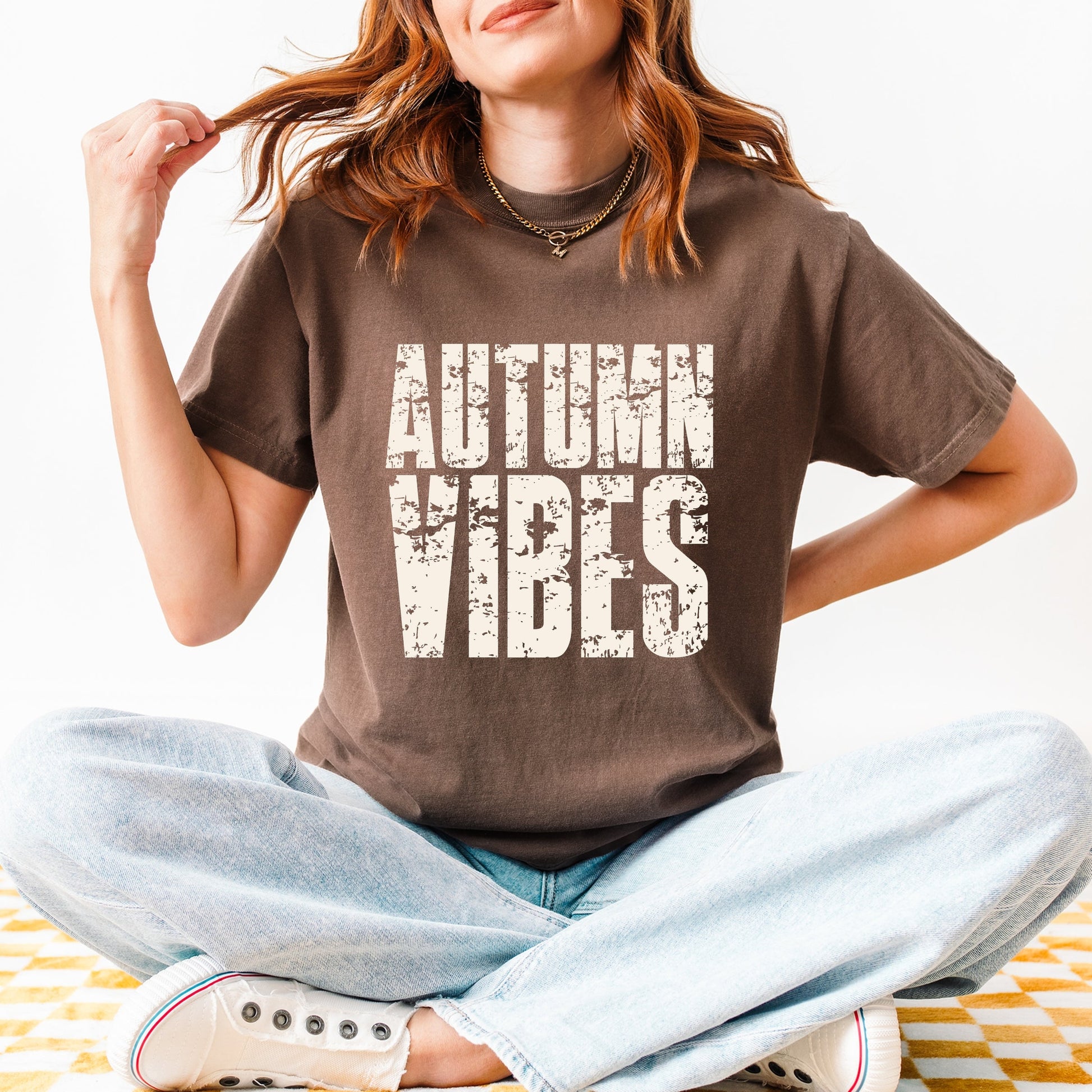 Autumn Vibes Block Distressed - Women's Garment Dyed Graphic T-Shirt