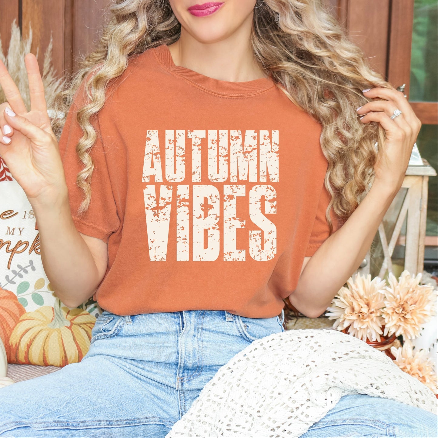 Autumn Vibes Block Distressed - Women's Garment Dyed Graphic T-Shirt