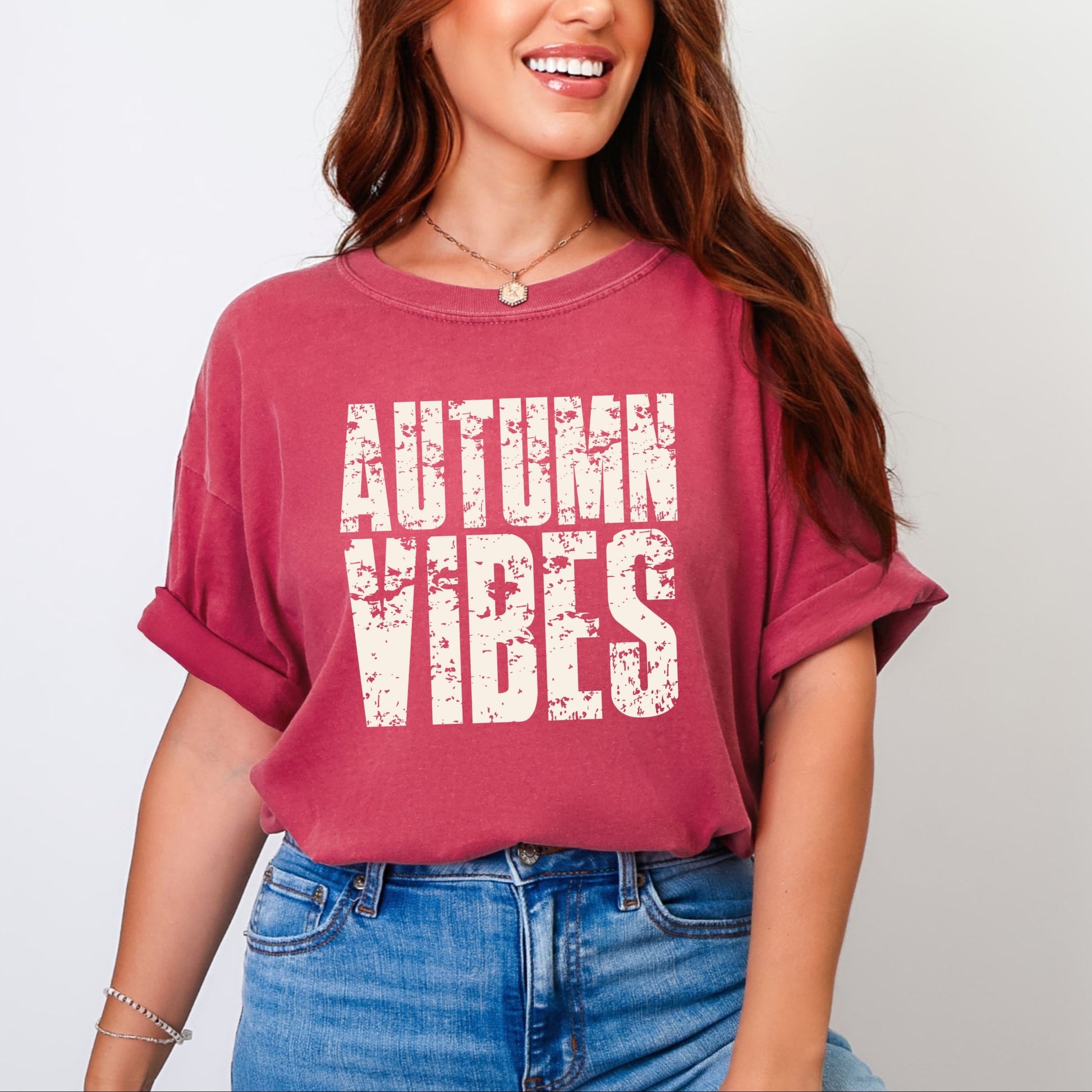 Autumn Vibes Block Distressed - Women's Garment Dyed Graphic T-Shirt