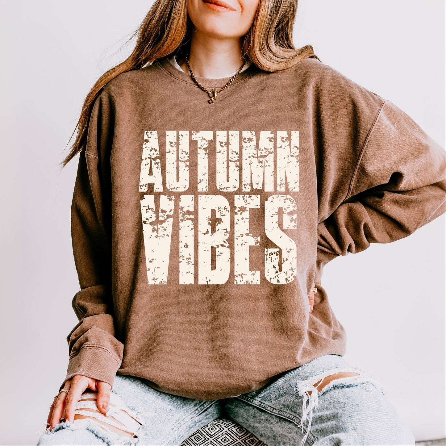 Autumn Vibes Block Distressed - Women's Lightweight Garment Dyed Sweatshirt