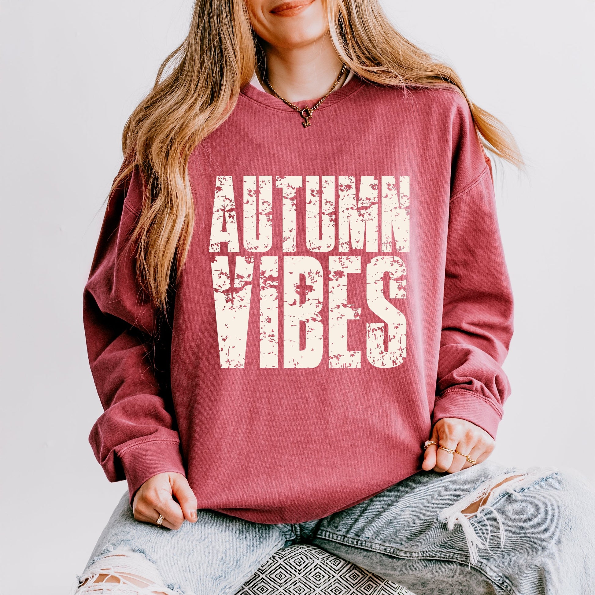 Autumn Vibes Block Distressed - Women's Lightweight Garment Dyed Sweatshirt