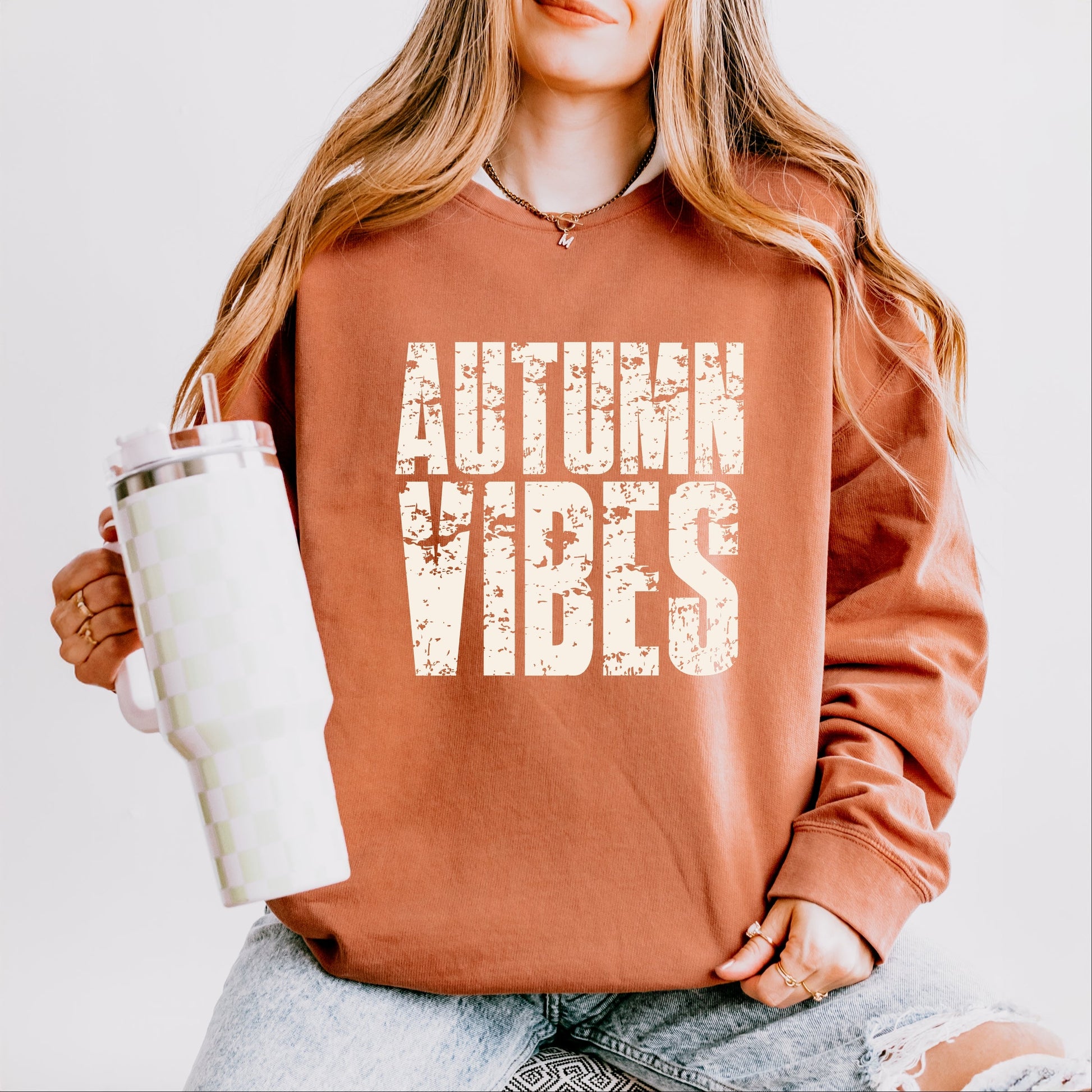 Autumn Vibes Block Distressed - Women's Lightweight Garment Dyed Sweatshirt