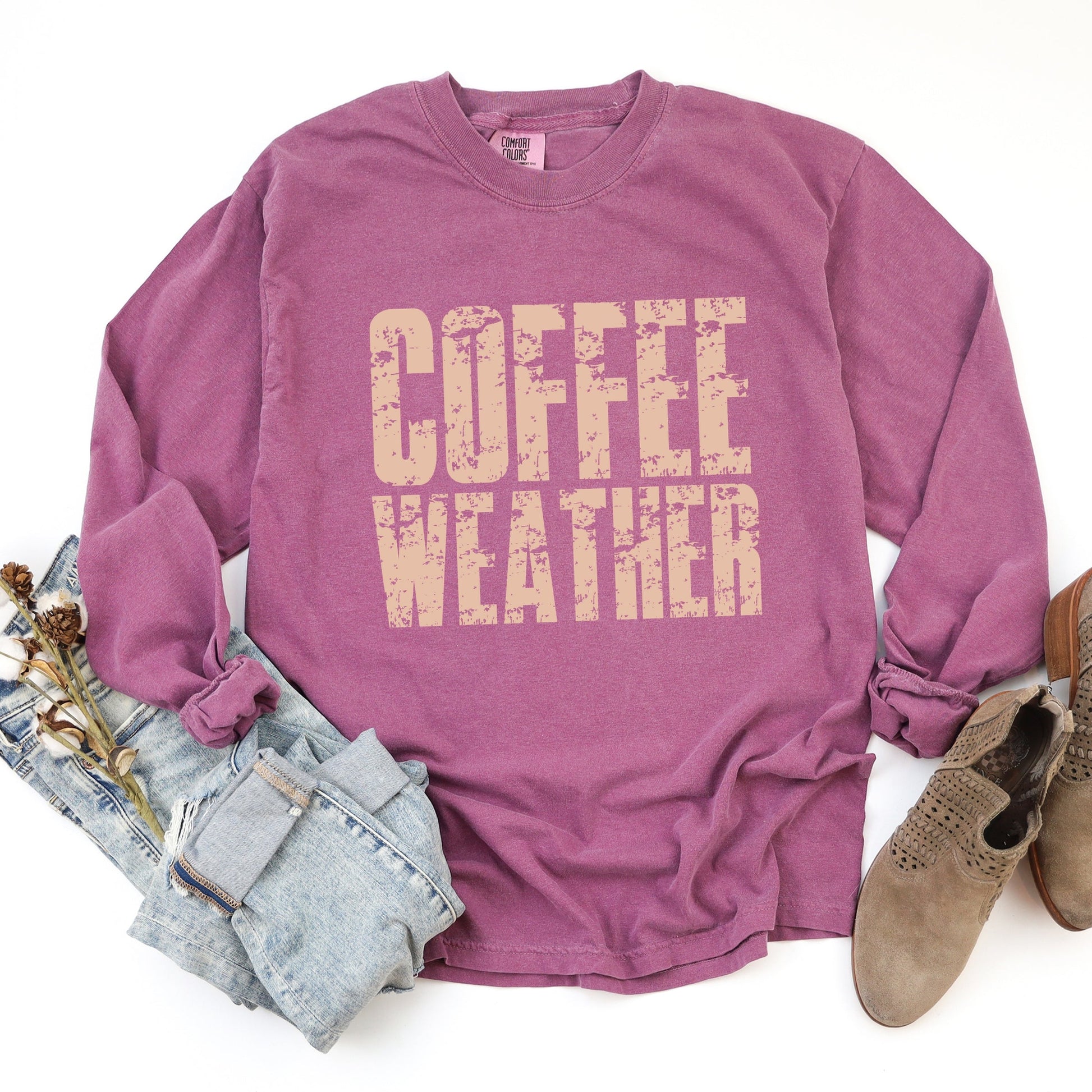 Coffee Weather Block Distressed - Women's Garment Dyed Long Sleeve Graphic T-Shirt