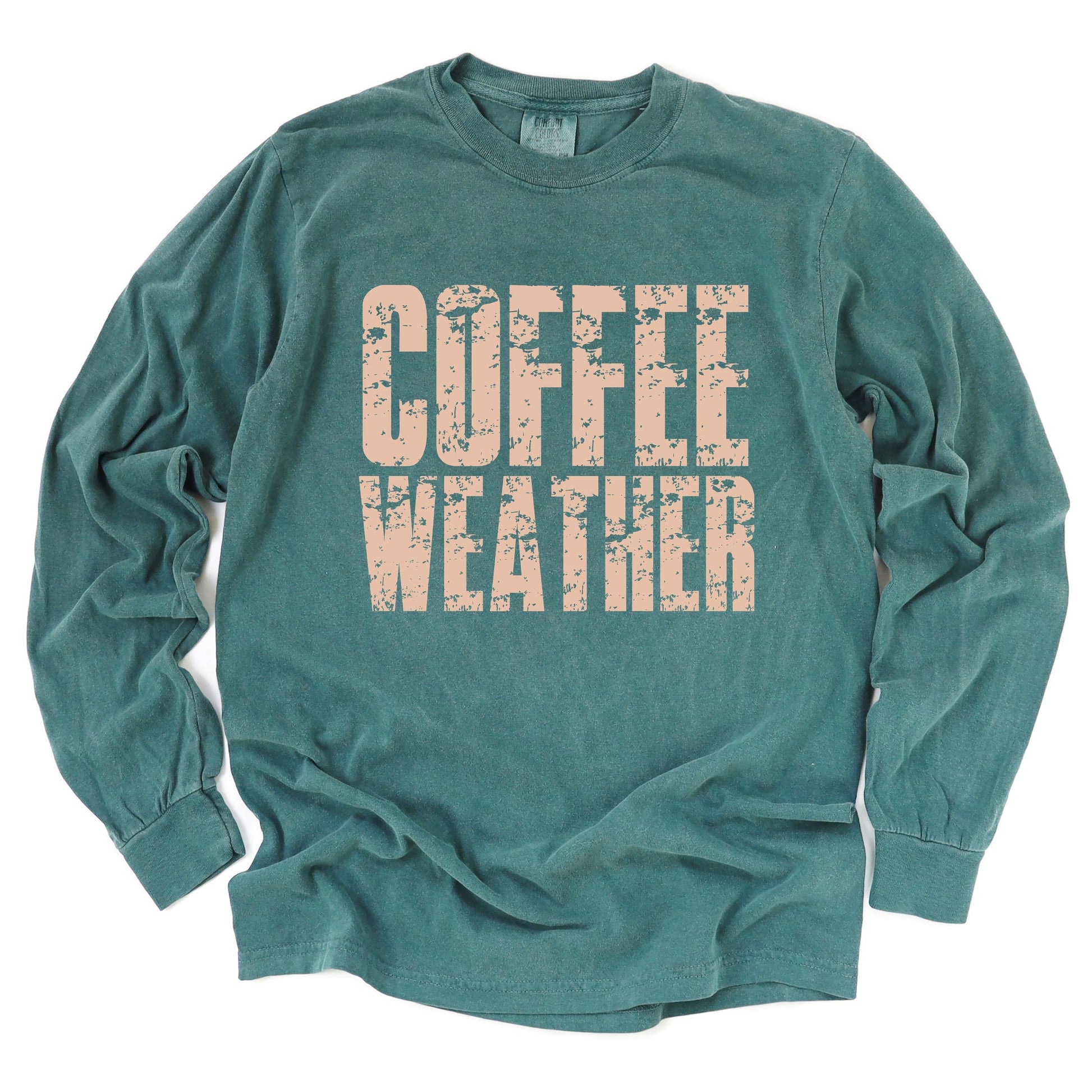 Coffee Weather Block Distressed - Women's Garment Dyed Long Sleeve Graphic T-Shirt