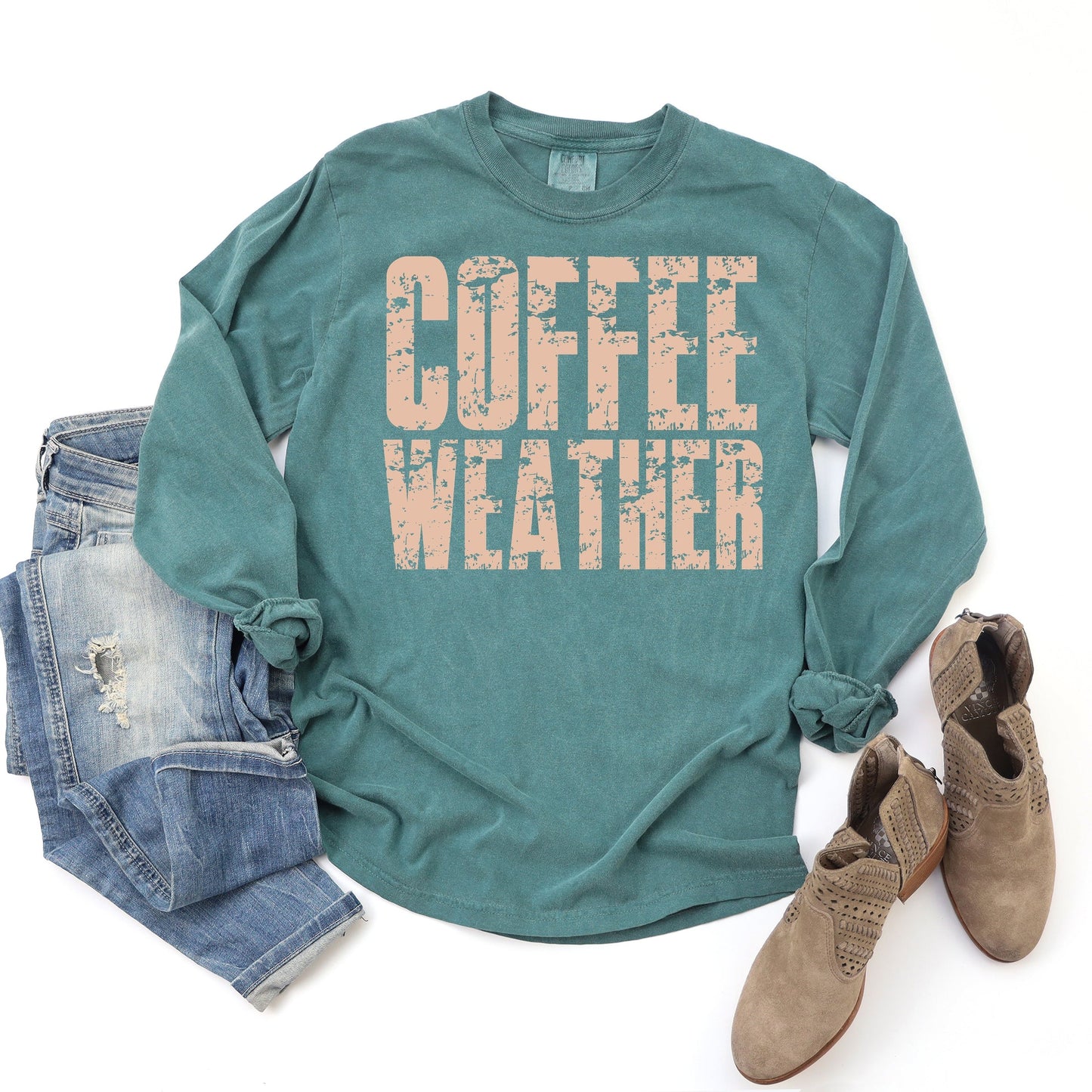 Coffee Weather Block Distressed - Women's Garment Dyed Long Sleeve Graphic T-Shirt