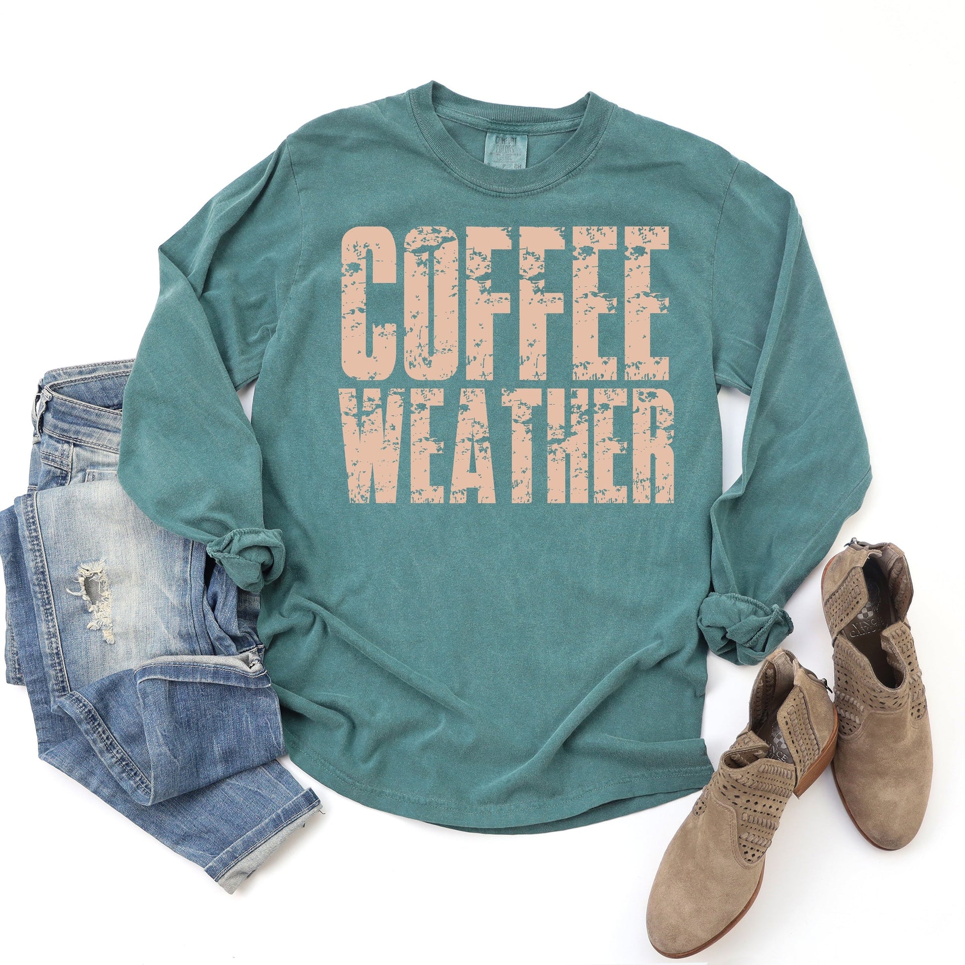 Coffee Weather Block Distressed - Women's Garment Dyed Long Sleeve Graphic T-Shirt