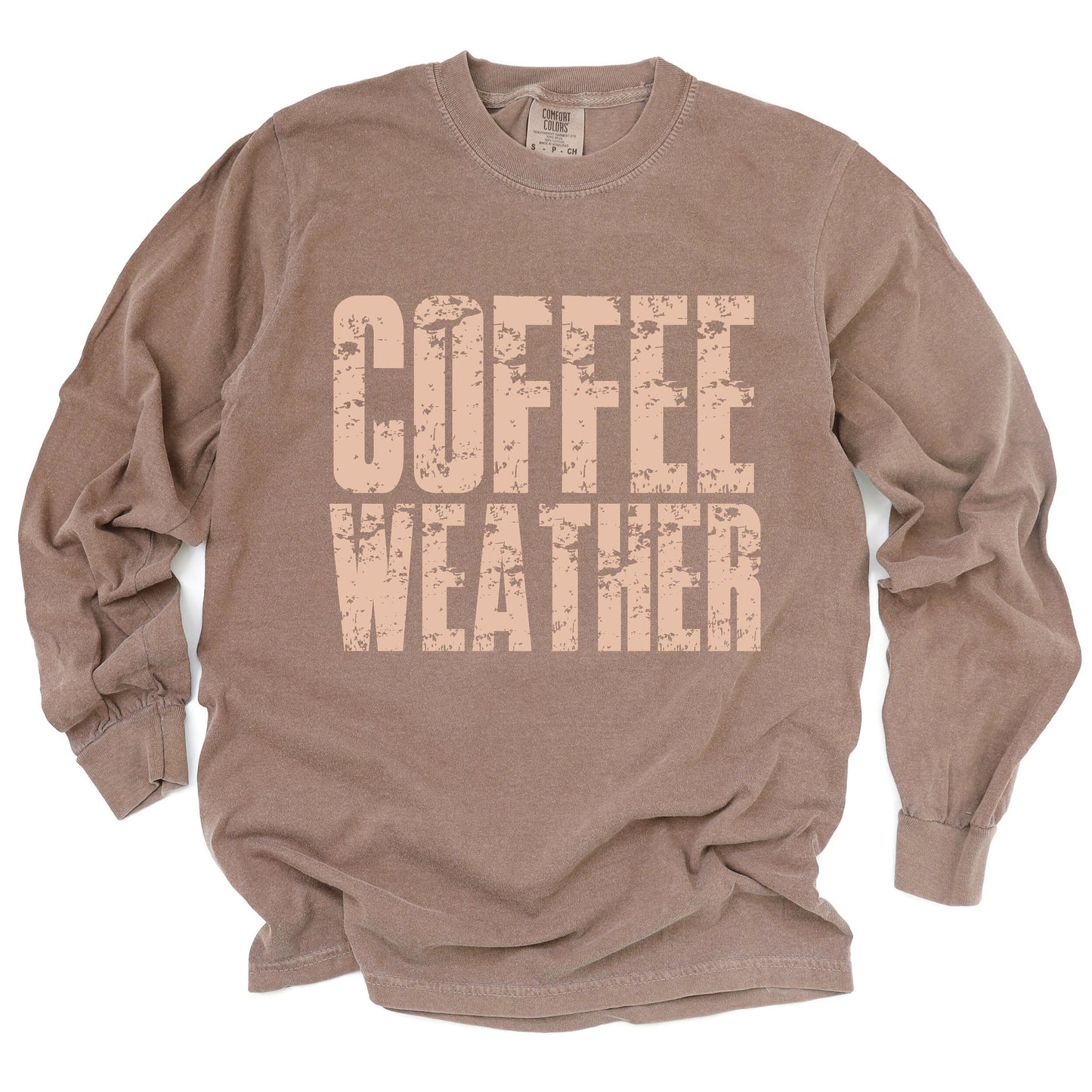 Coffee Weather Block Distressed - Women's Garment Dyed Long Sleeve Graphic T-Shirt