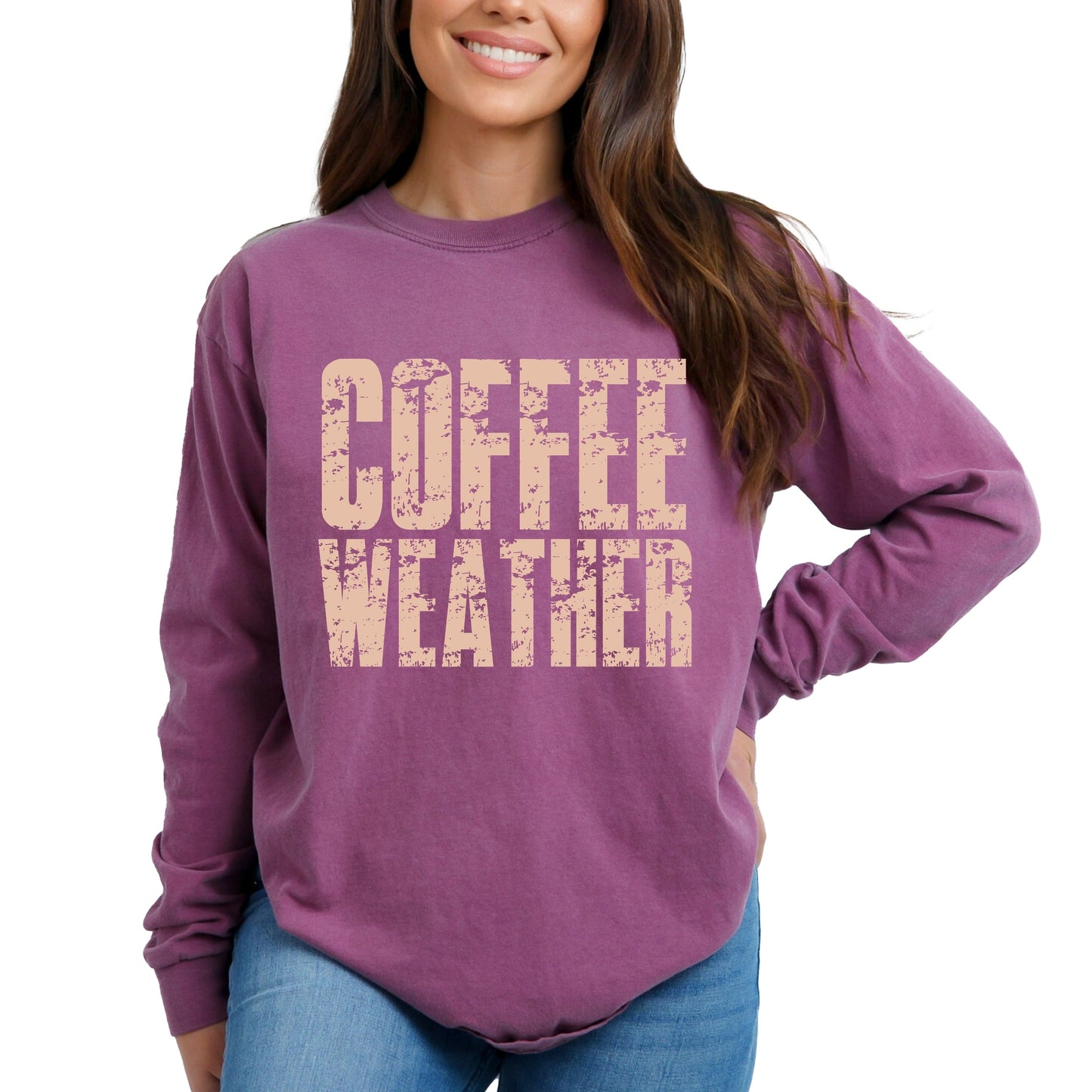 Coffee Weather Block Distressed - Women's Garment Dyed Long Sleeve Graphic T-Shirt
