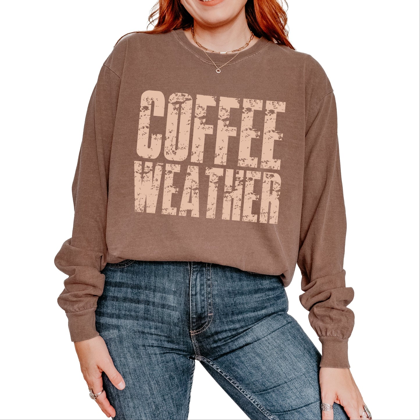 Coffee Weather Block Distressed - Women's Garment Dyed Long Sleeve Graphic T-Shirt