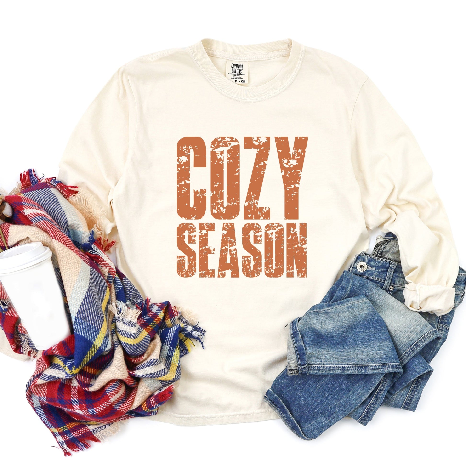 Cozy Season Block Distressed - Women's Garment Dyed Long Sleeve Graphic T-Shirt