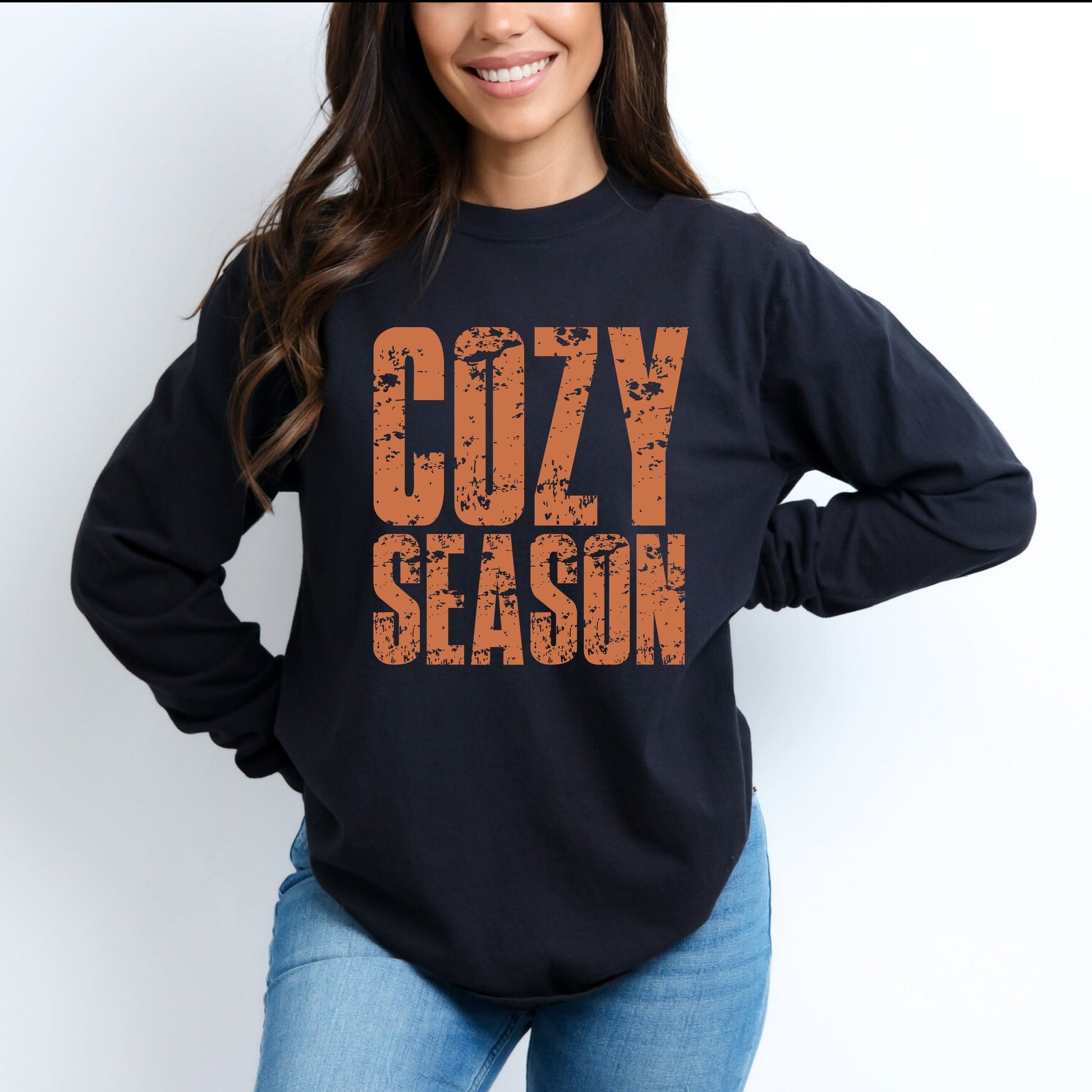 Cozy Season Block Distressed - Women's Garment Dyed Long Sleeve Graphic T-Shirt