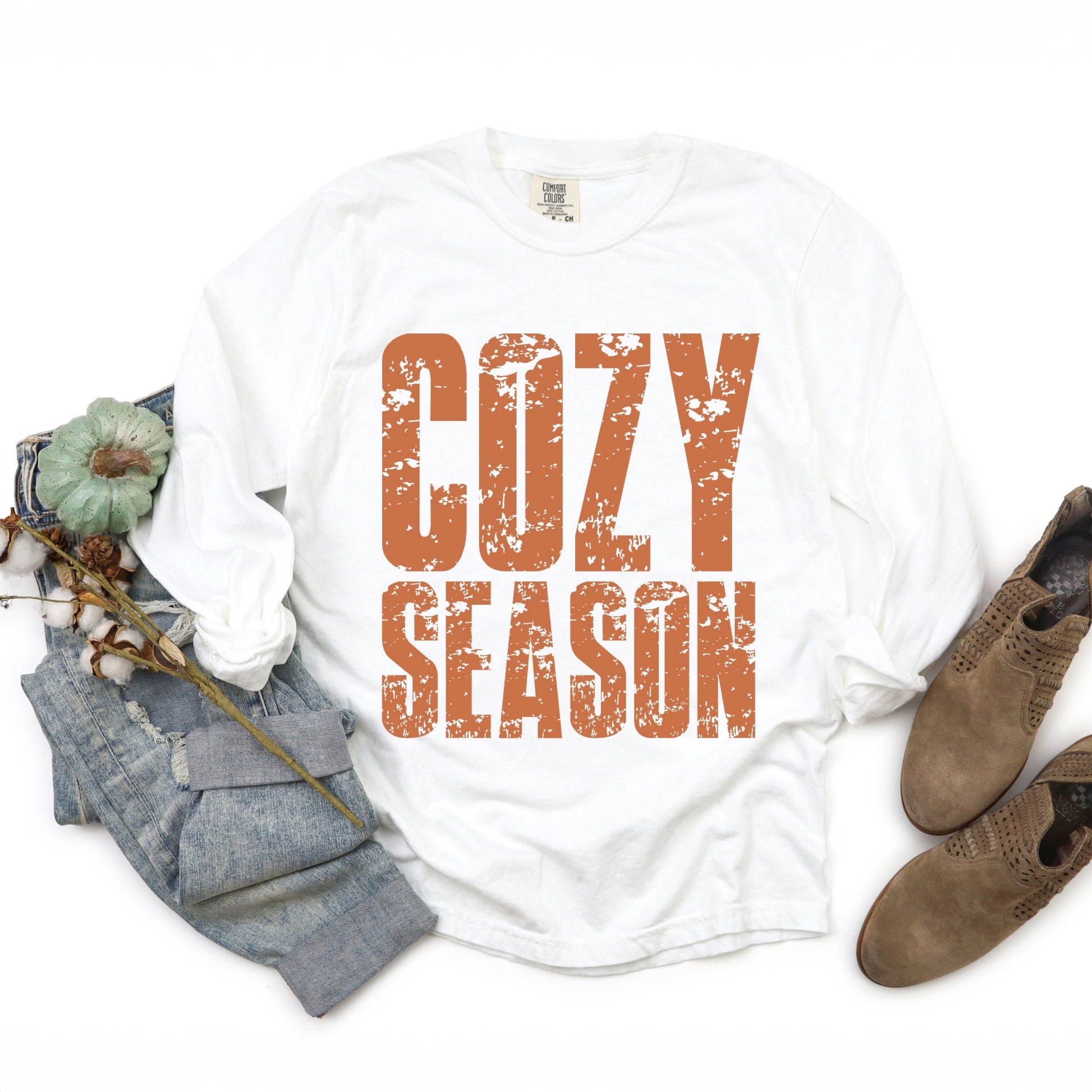 Cozy Season Block Distressed - Women's Garment Dyed Long Sleeve Graphic T-Shirt
