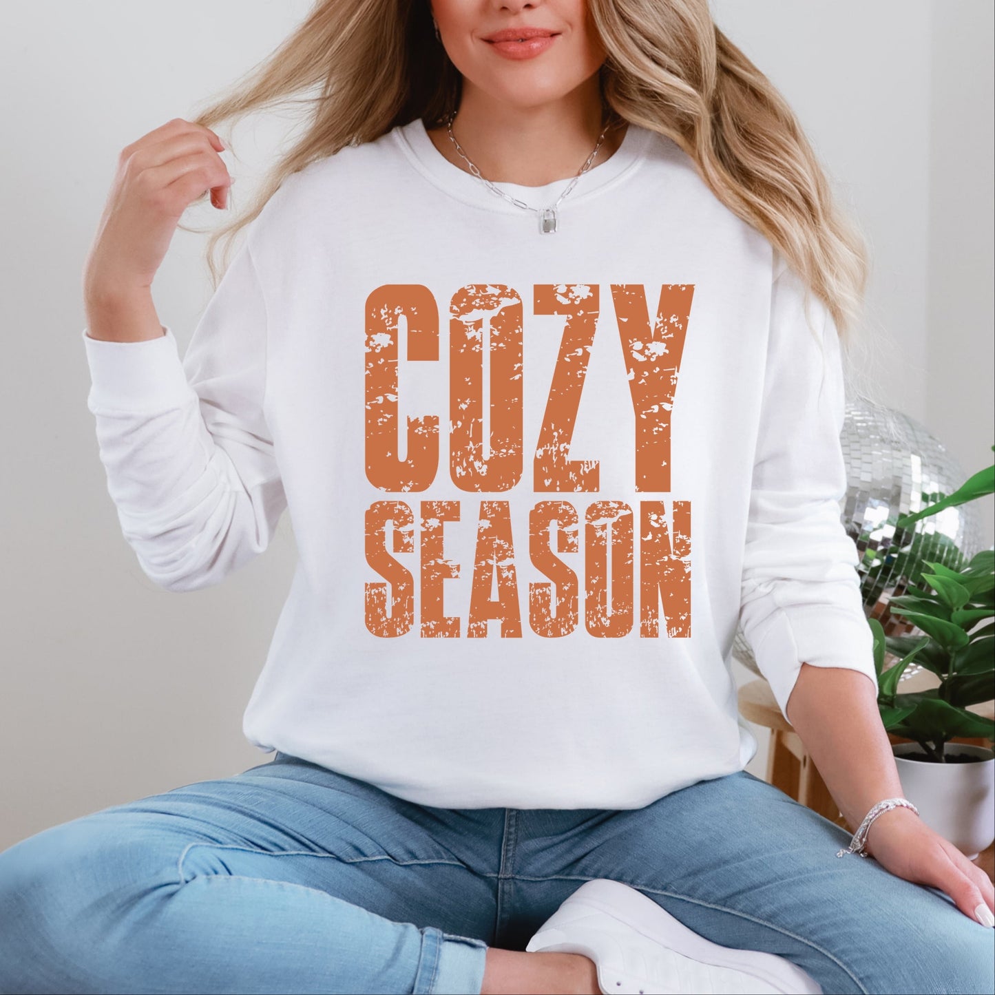 Cozy Season Block Distressed - Women's Garment Dyed Long Sleeve Graphic T-Shirt