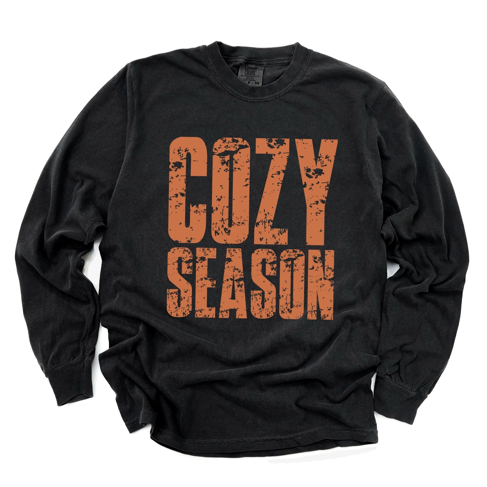 Cozy Season Block Distressed - Women's Garment Dyed Long Sleeve Graphic T-Shirt
