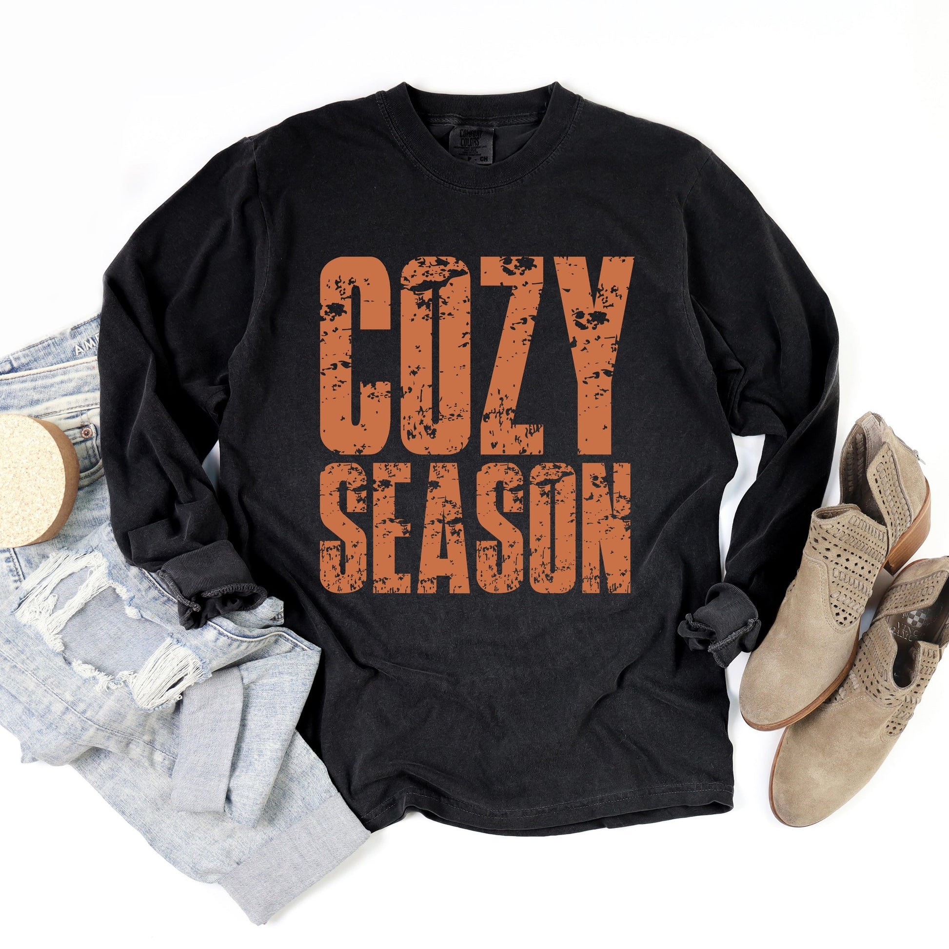 Cozy Season Block Distressed - Women's Garment Dyed Long Sleeve Graphic T-Shirt