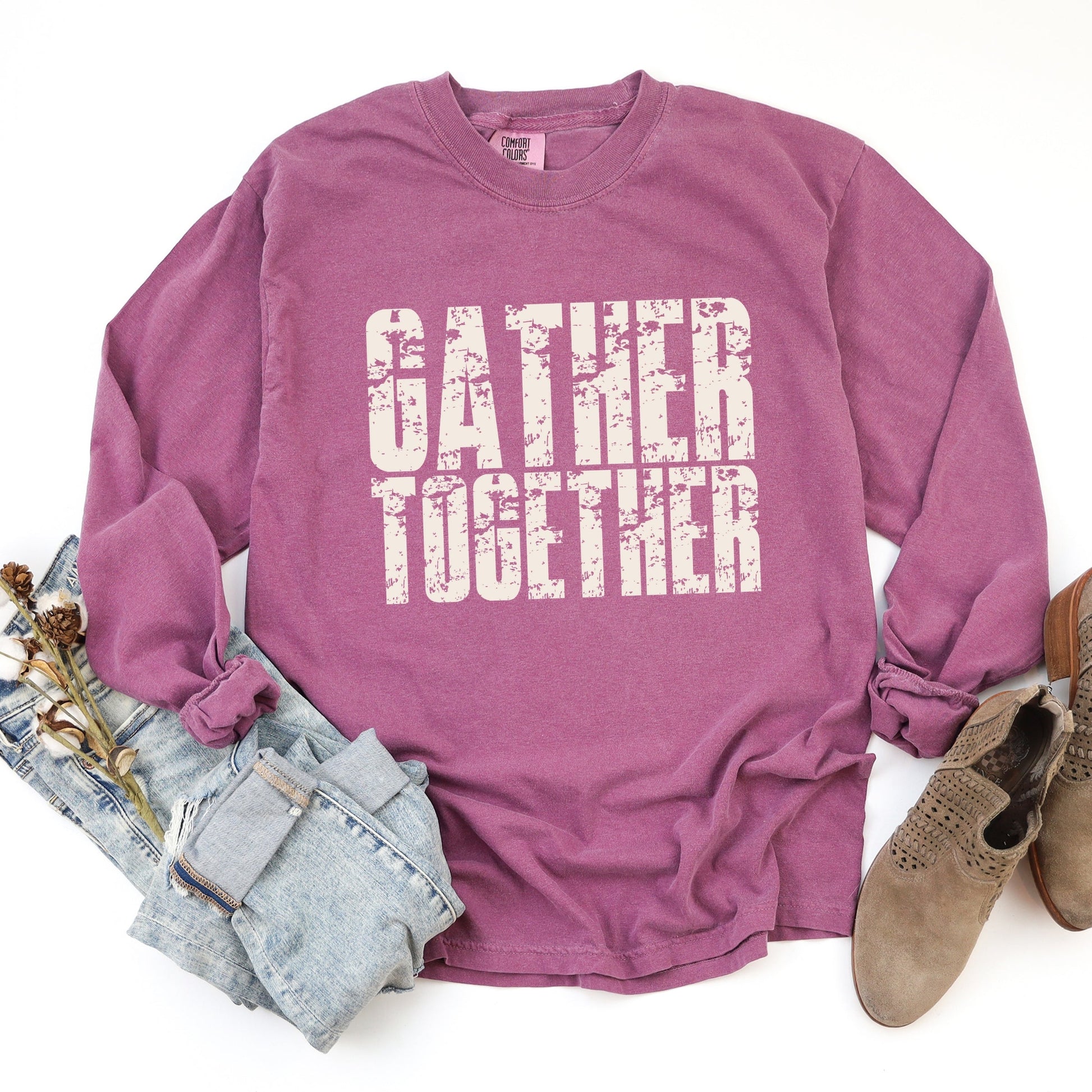 Gather Together Block Distressed - Women's Garment Dyed Long Sleeve Graphic T-Shirt