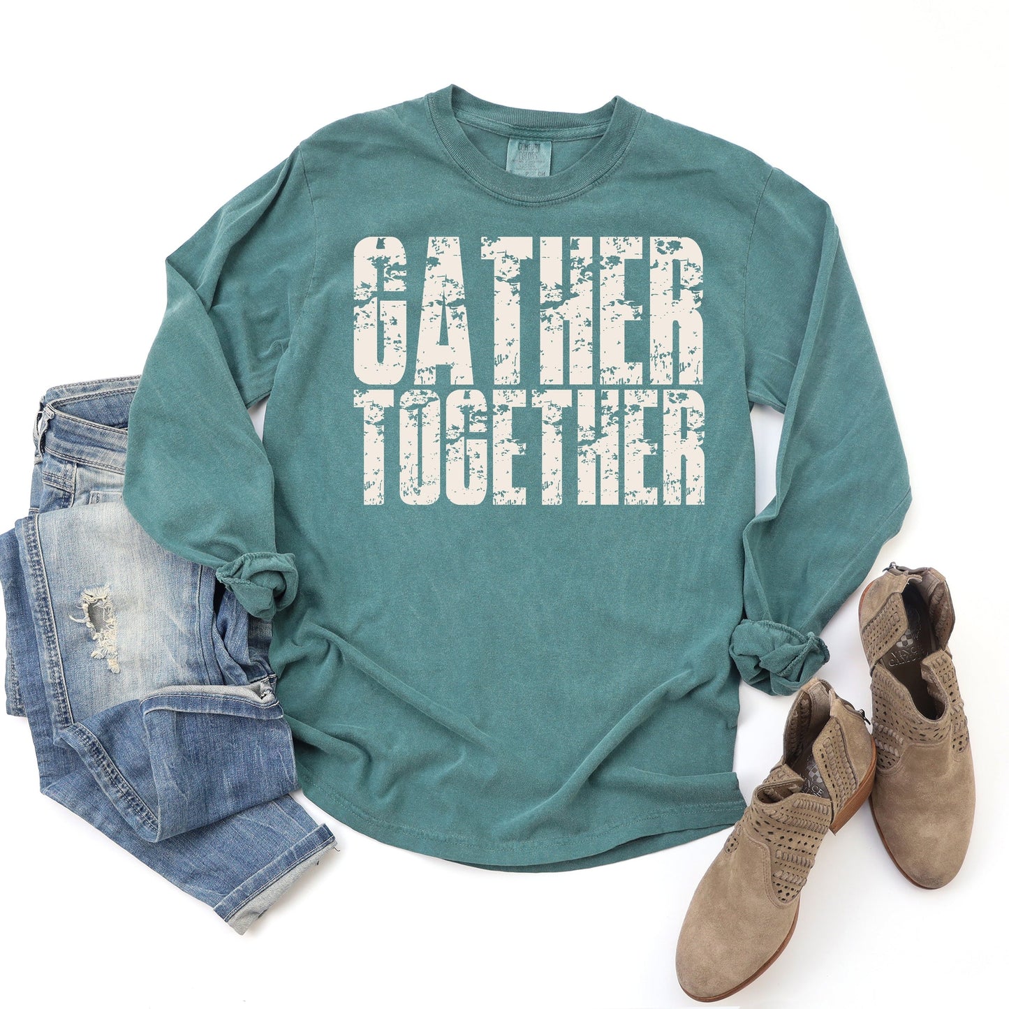 Gather Together Block Distressed - Women's Garment Dyed Long Sleeve Graphic T-Shirt