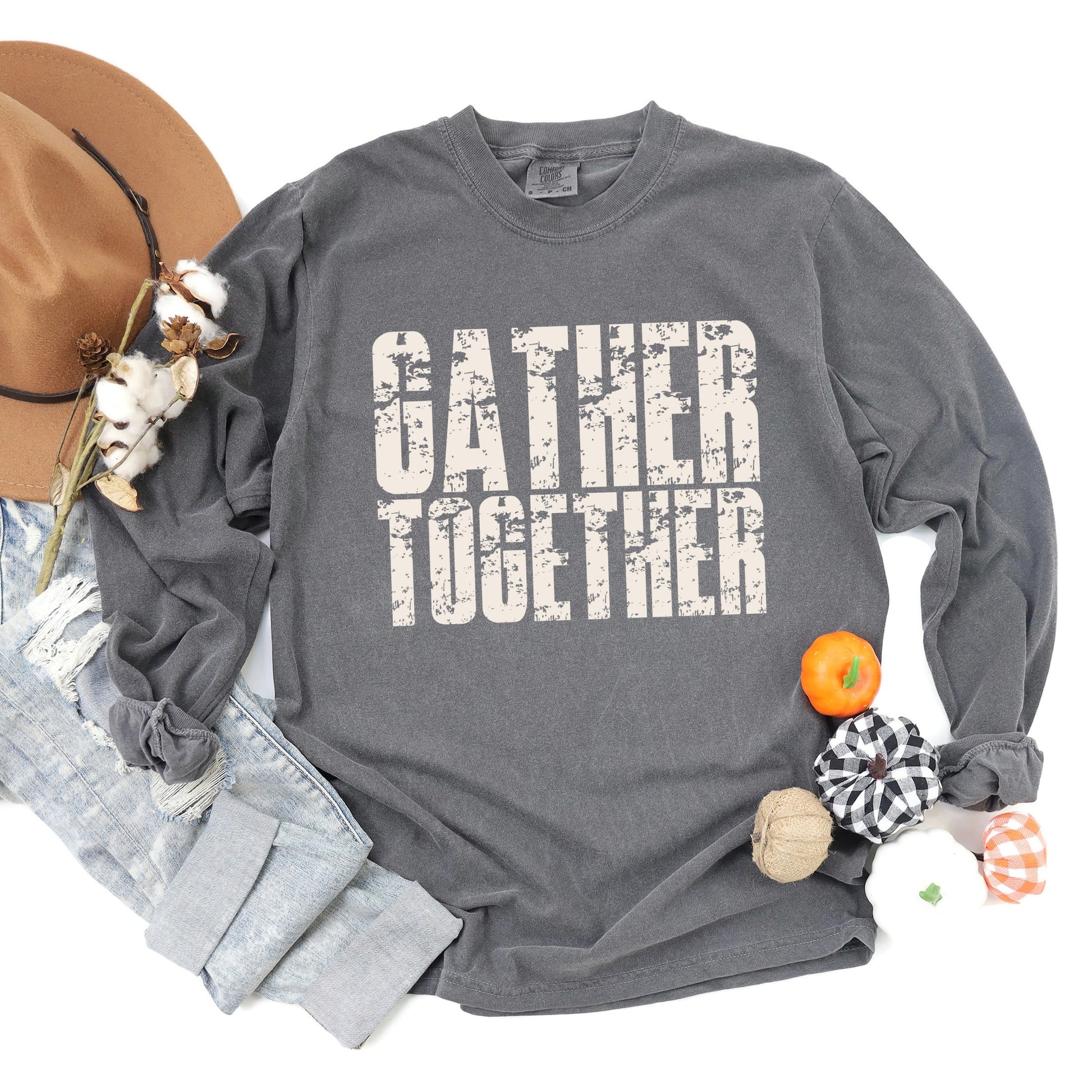 Gather Together Block Distressed - Women's Garment Dyed Long Sleeve Graphic T-Shirt