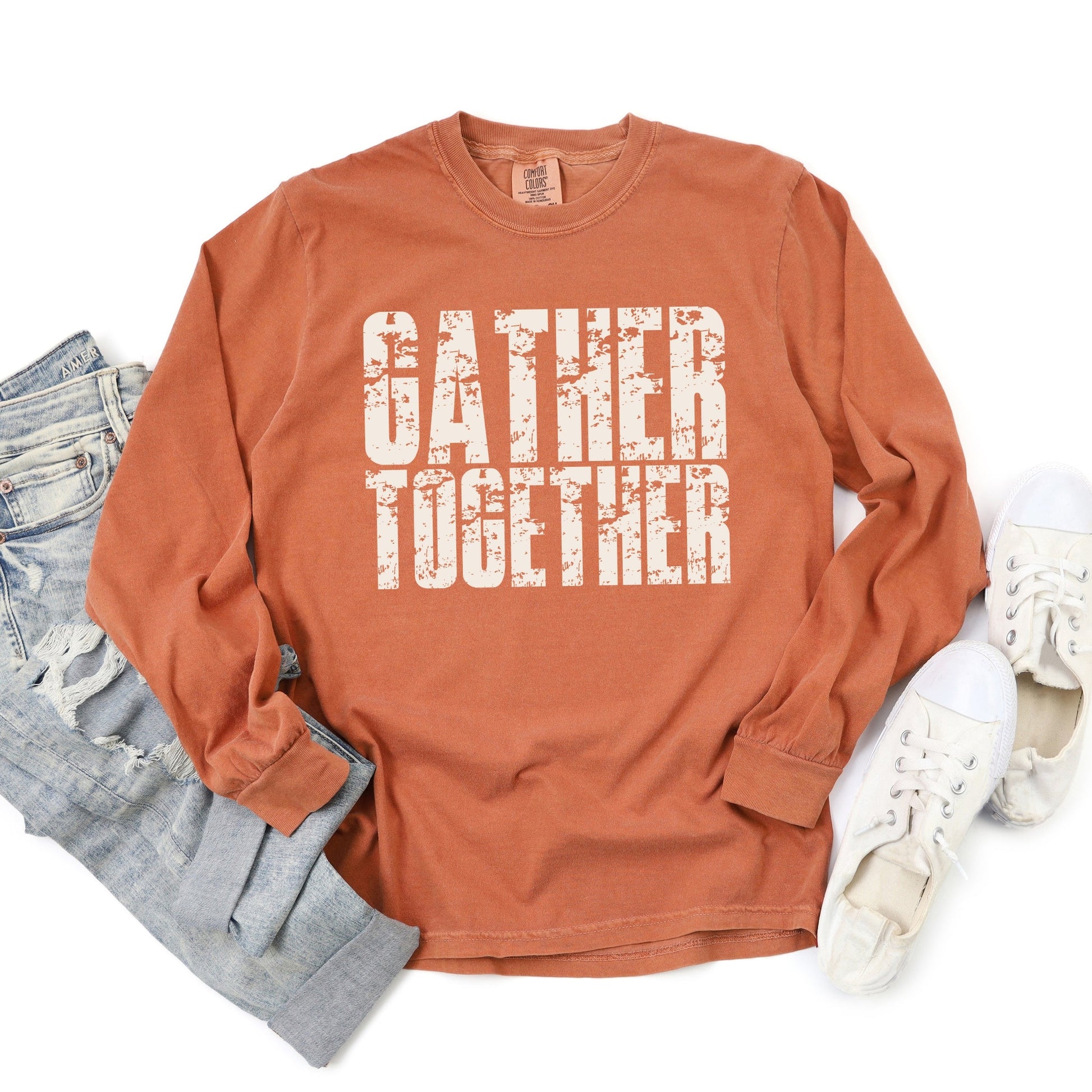 Gather Together Block Distressed - Women's Garment Dyed Long Sleeve Graphic T-Shirt