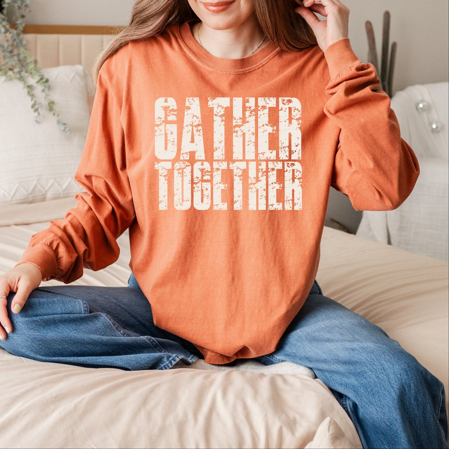Gather Together Block Distressed - Women's Garment Dyed Long Sleeve Graphic T-Shirt
