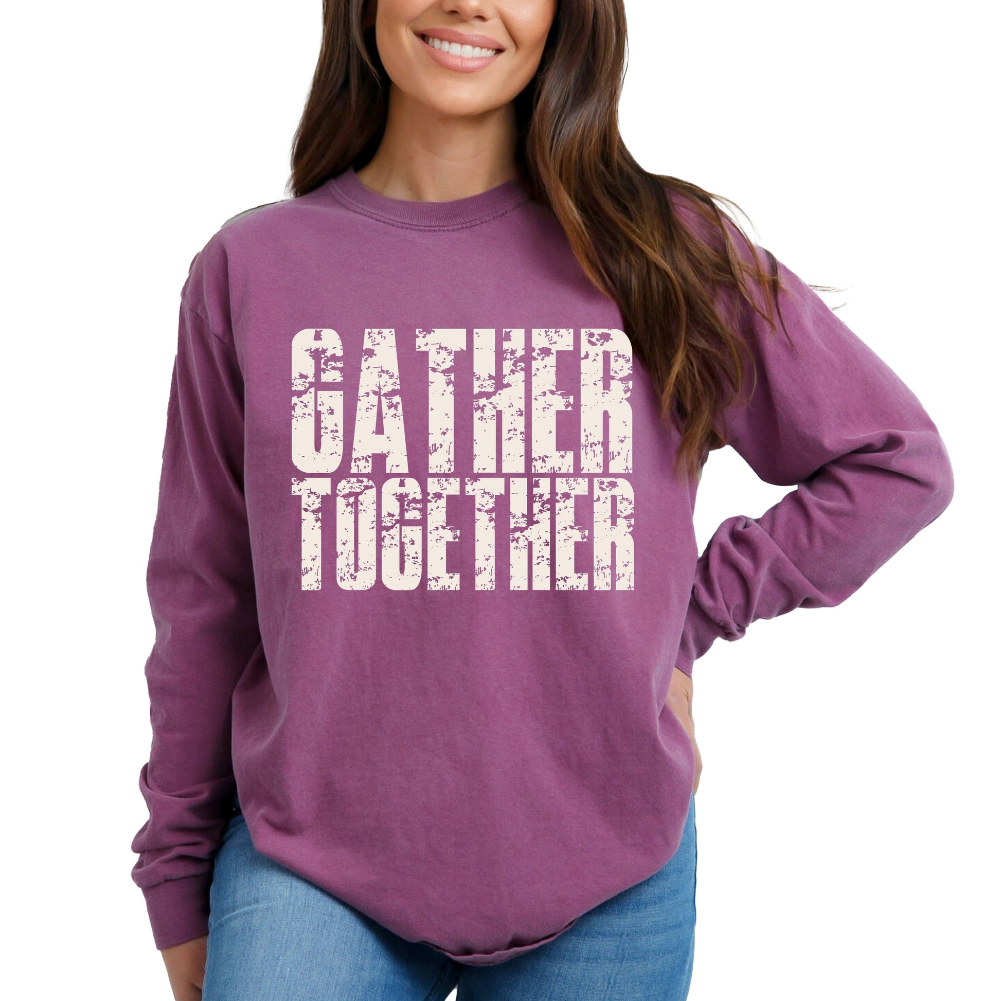 Gather Together Block Distressed - Women's Garment Dyed Long Sleeve Graphic T-Shirt