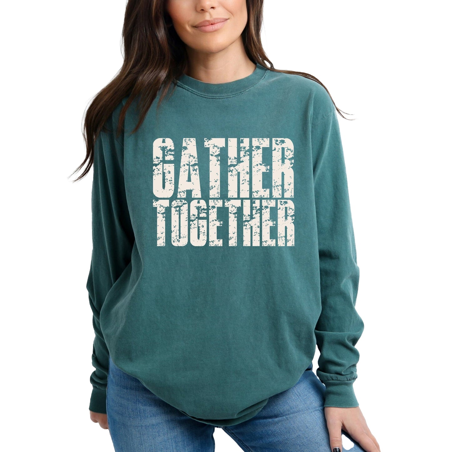 Gather Together Block Distressed - Women's Garment Dyed Long Sleeve Graphic T-Shirt