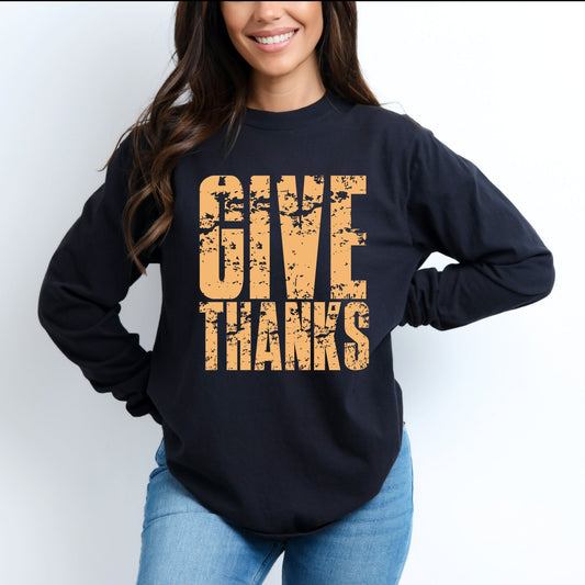 Give Thanks Block Distressed - Women's Garment Dyed Long Sleeve Graphic T-Shirt