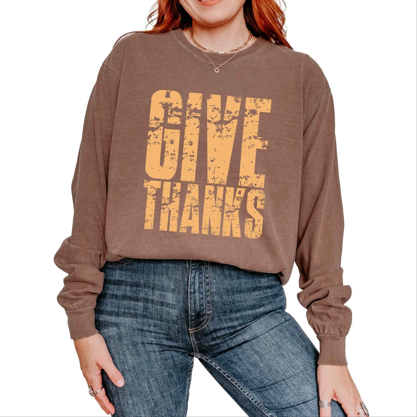 Give Thanks Block Distressed - Women's Garment Dyed Long Sleeve Graphic T-Shirt