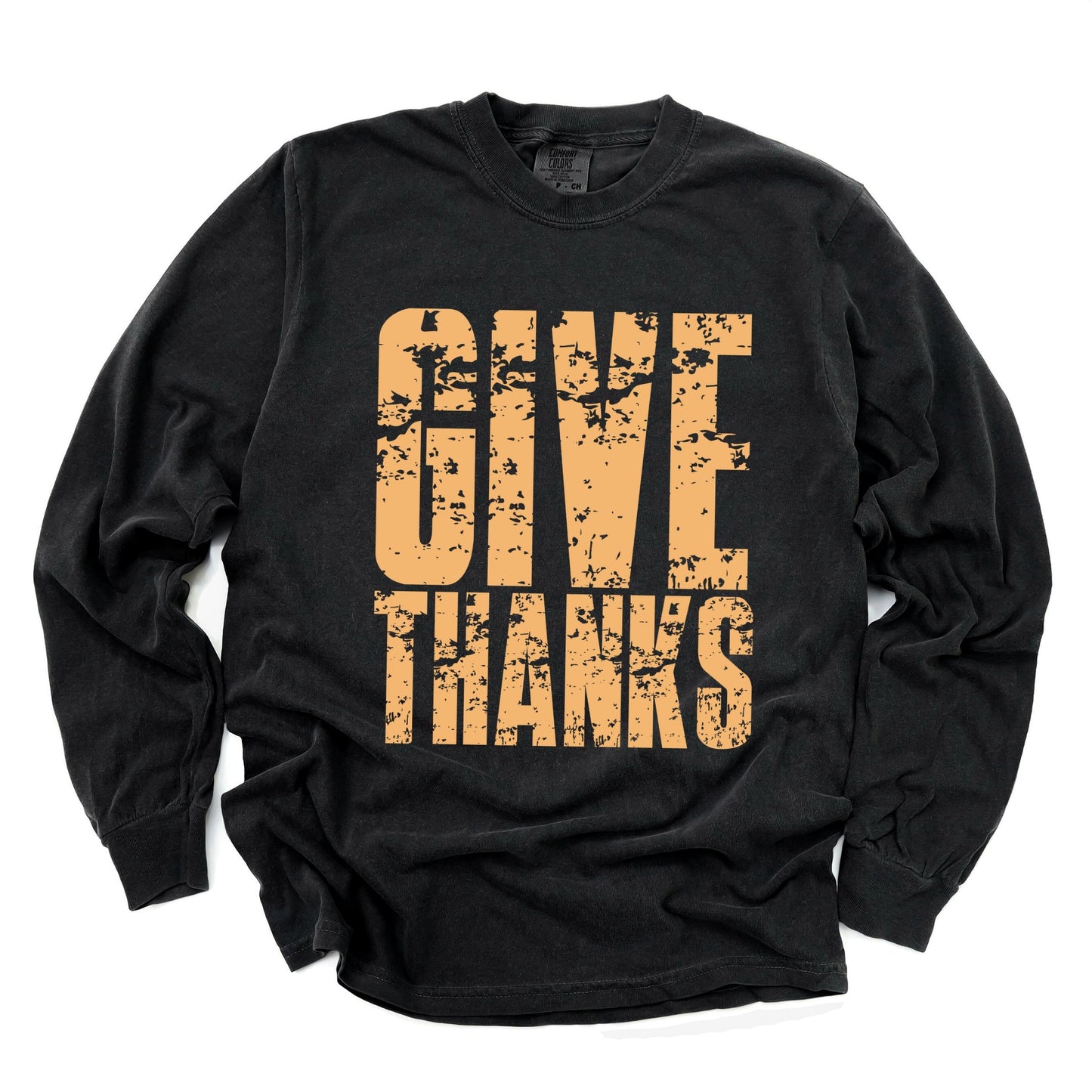 Give Thanks Block Distressed - Women's Garment Dyed Long Sleeve Graphic T-Shirt