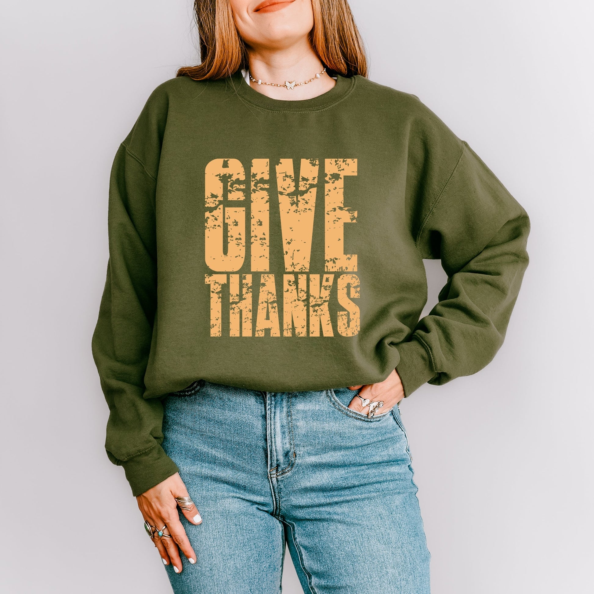 Give Thanks Block Distressed - Women's Graphic Sweatshirt