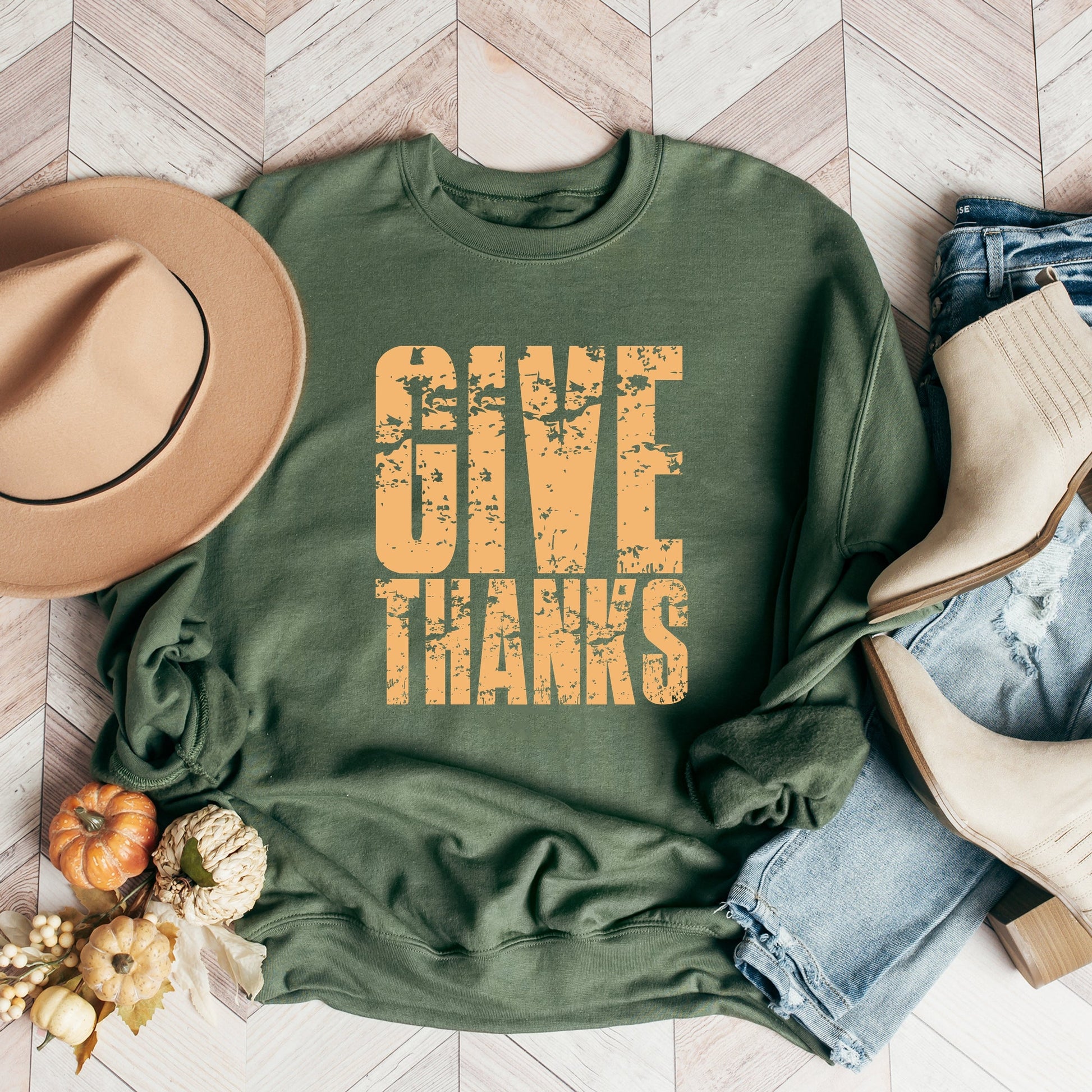 Give Thanks Block Distressed - Women's Graphic Sweatshirt