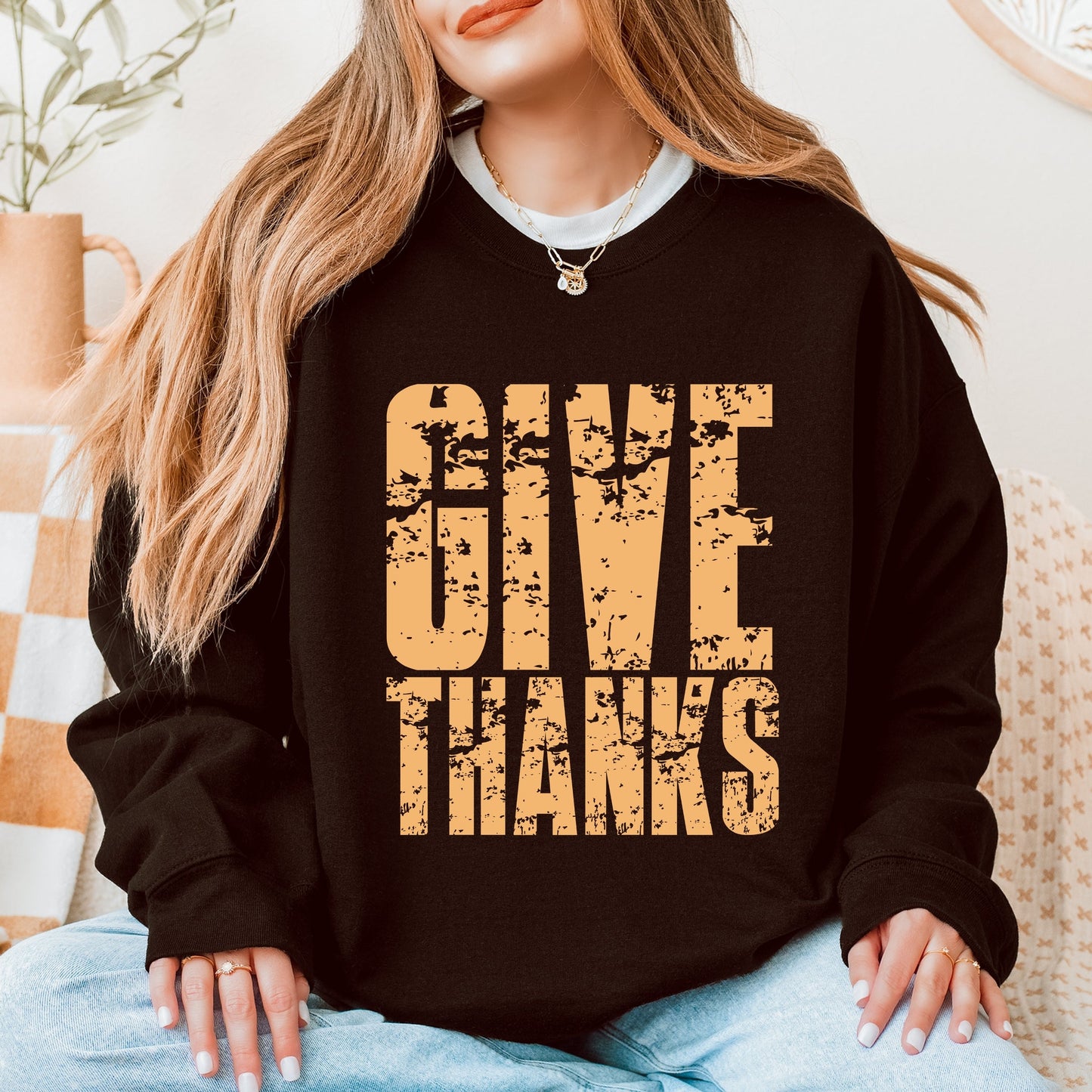 Give Thanks Block Distressed - Women's Graphic Sweatshirt