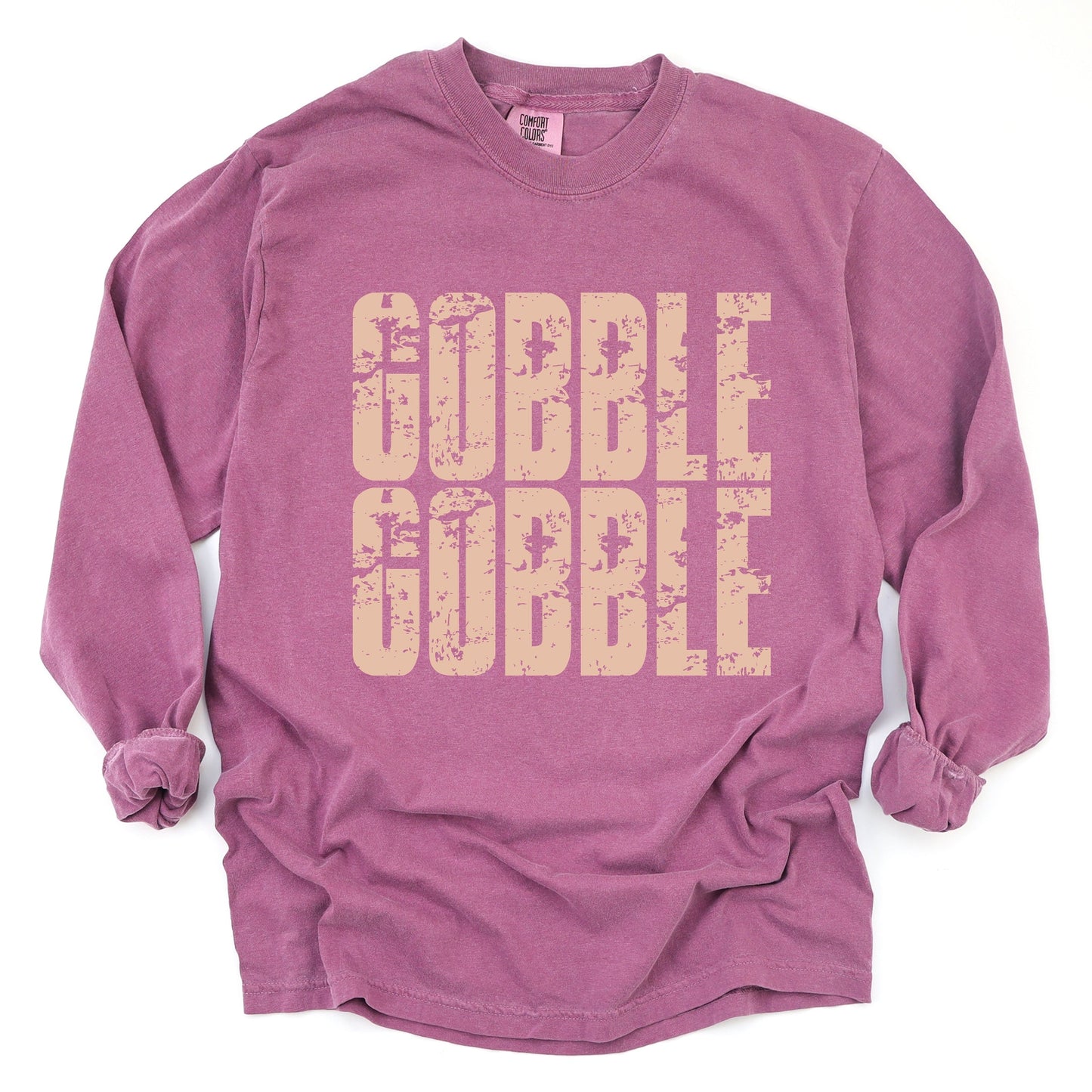 Gobble Gobble Block Distressed - Women's Garment Dyed Long Sleeve Graphic T-Shirt