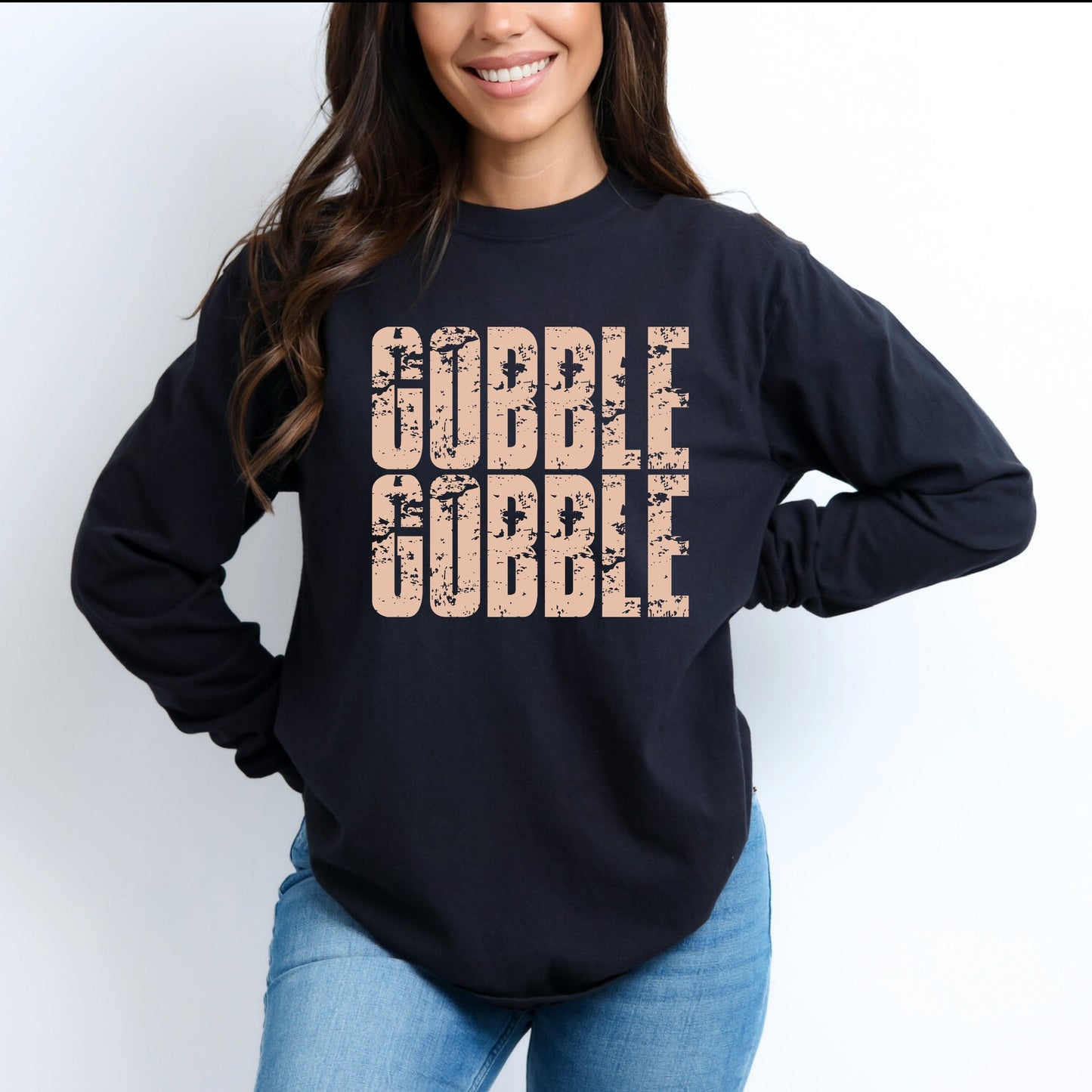 Gobble Gobble Block Distressed - Women's Garment Dyed Long Sleeve Graphic T-Shirt
